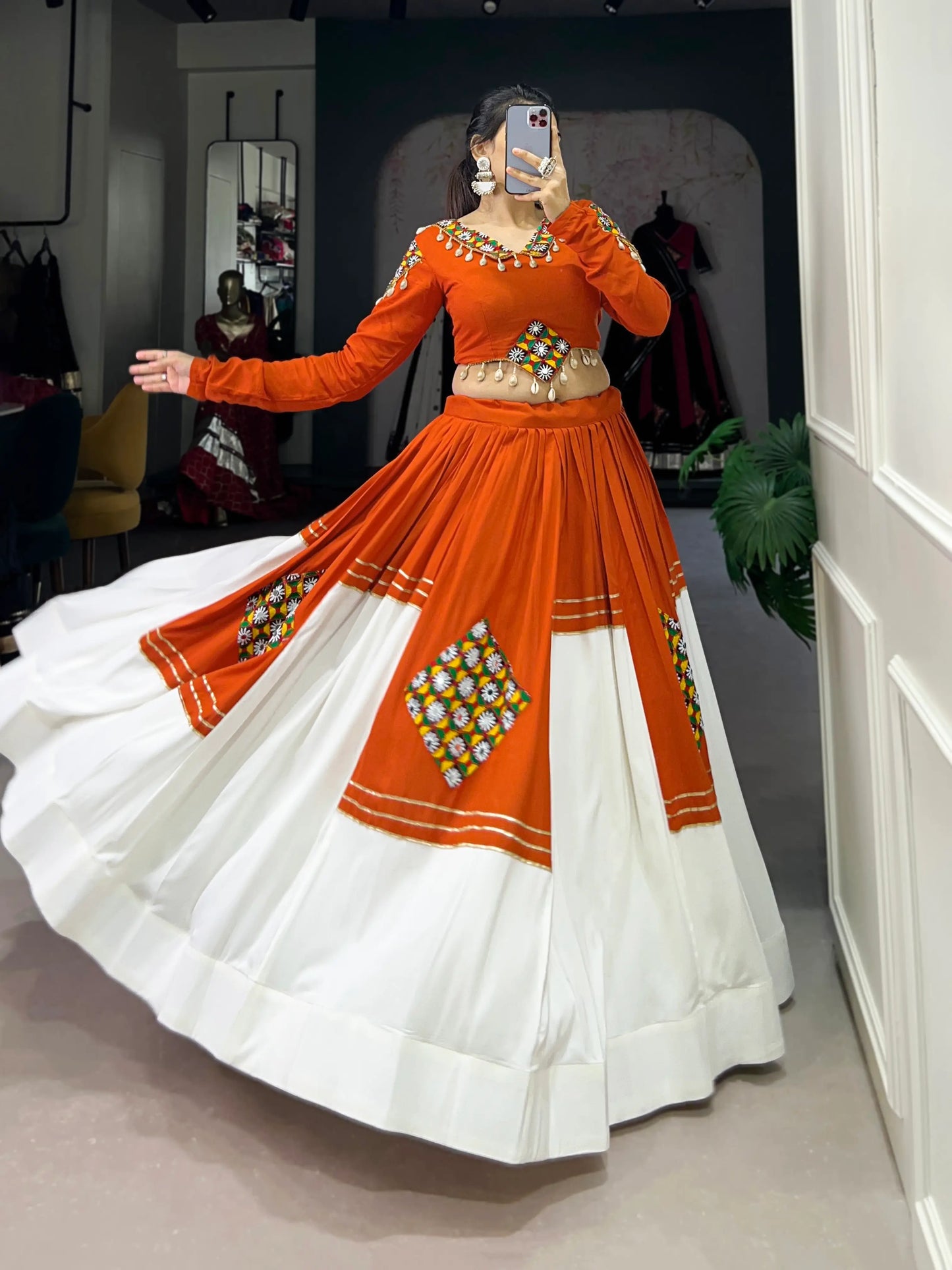 Orange-White Rayon Gamthi Work Navratri Lehenga Choli