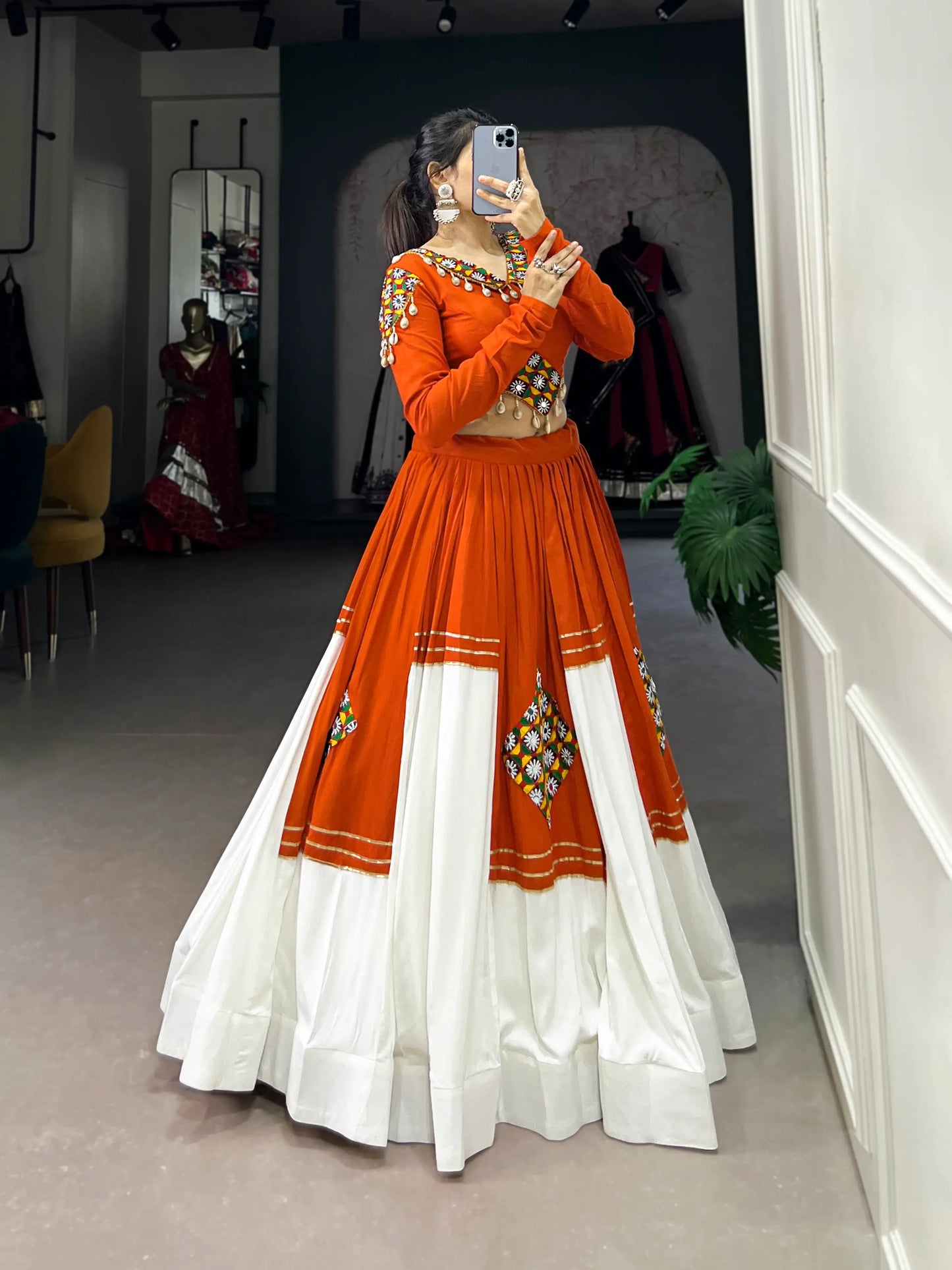 Orange-White Rayon Gamthi Work Navratri Lehenga Choli