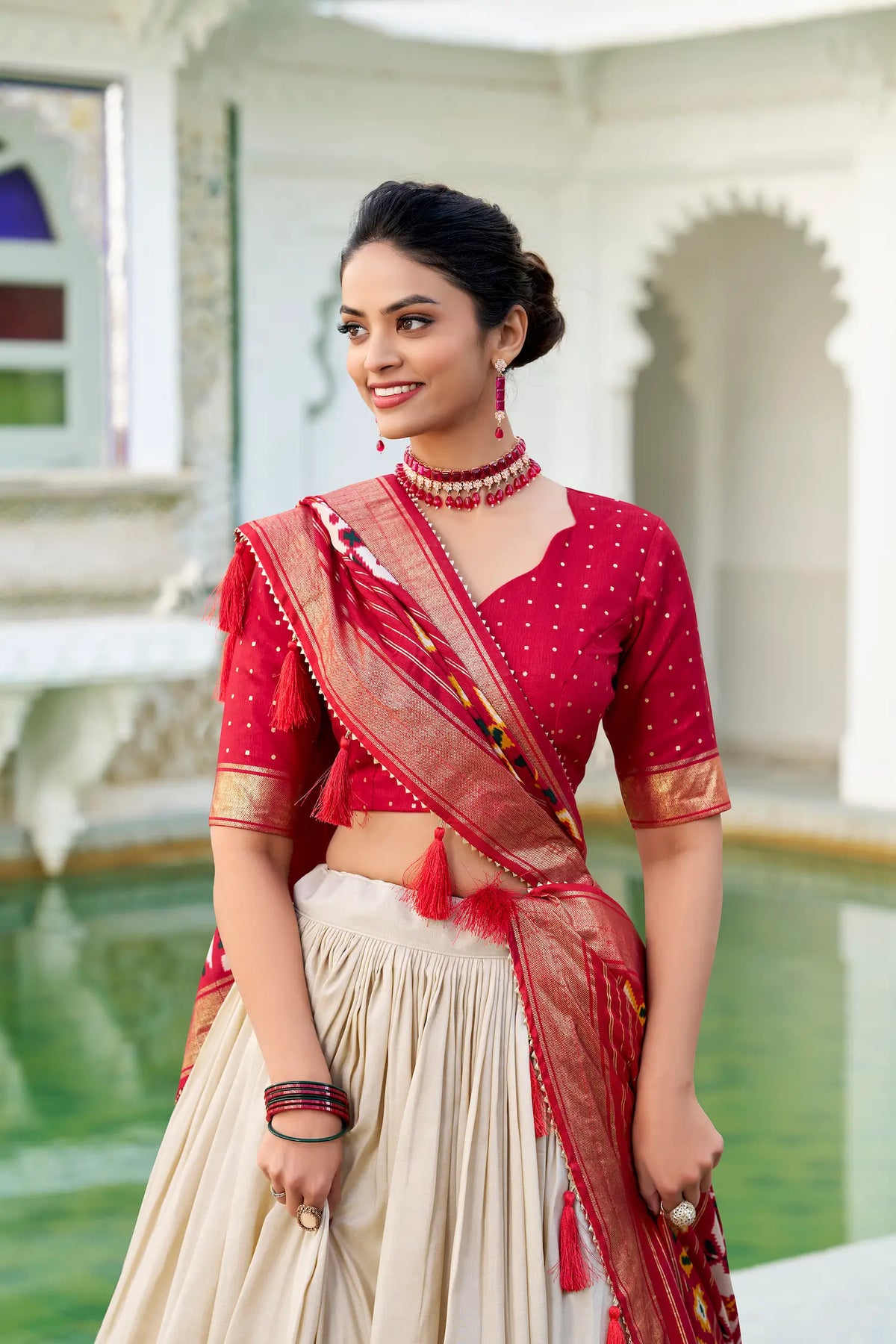 Beige Tussar Silk Lehenga Choli With Patola Print And Foil Work