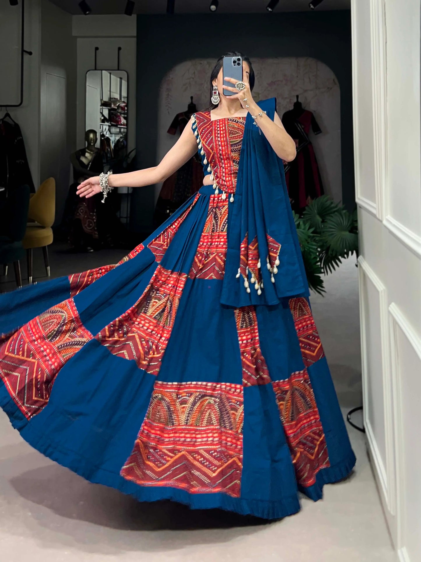 Designer Royal Blue Print And Foil Work Navratri Chaniya Choli With Dupatta