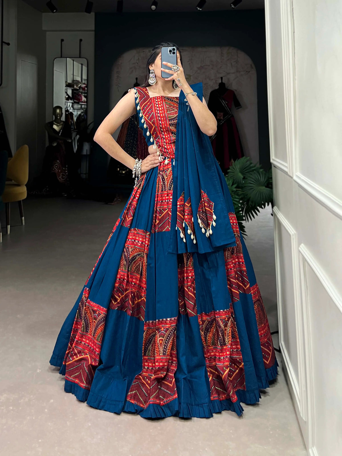 Designer Royal Blue Print And Foil Work Navratri Chaniya Choli With Dupatta