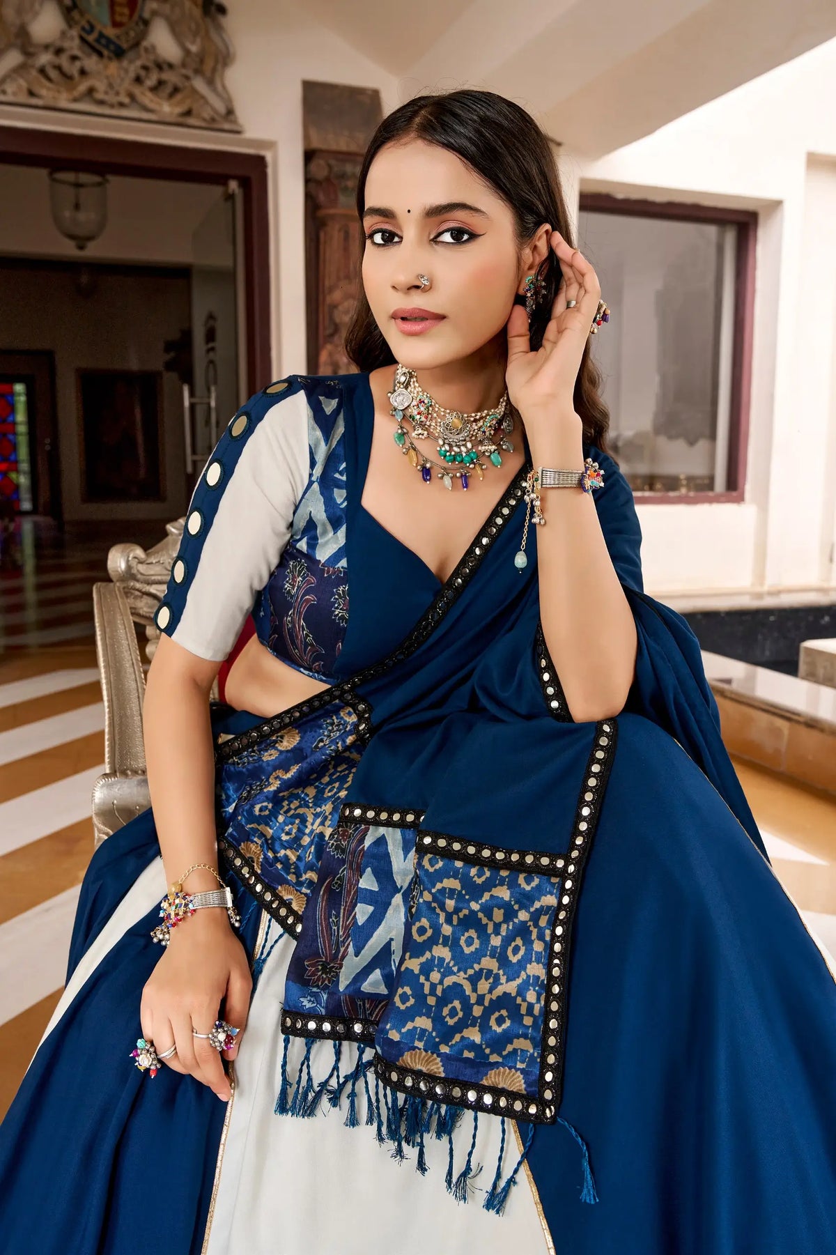 Blue Rayon Navratri Lehenga Choli With Print & Mirror Work