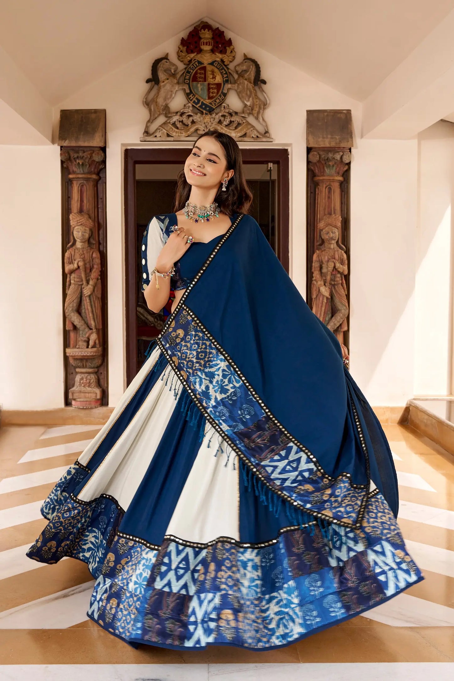 Blue Rayon Navratri Lehenga Choli With Print & Mirror Work