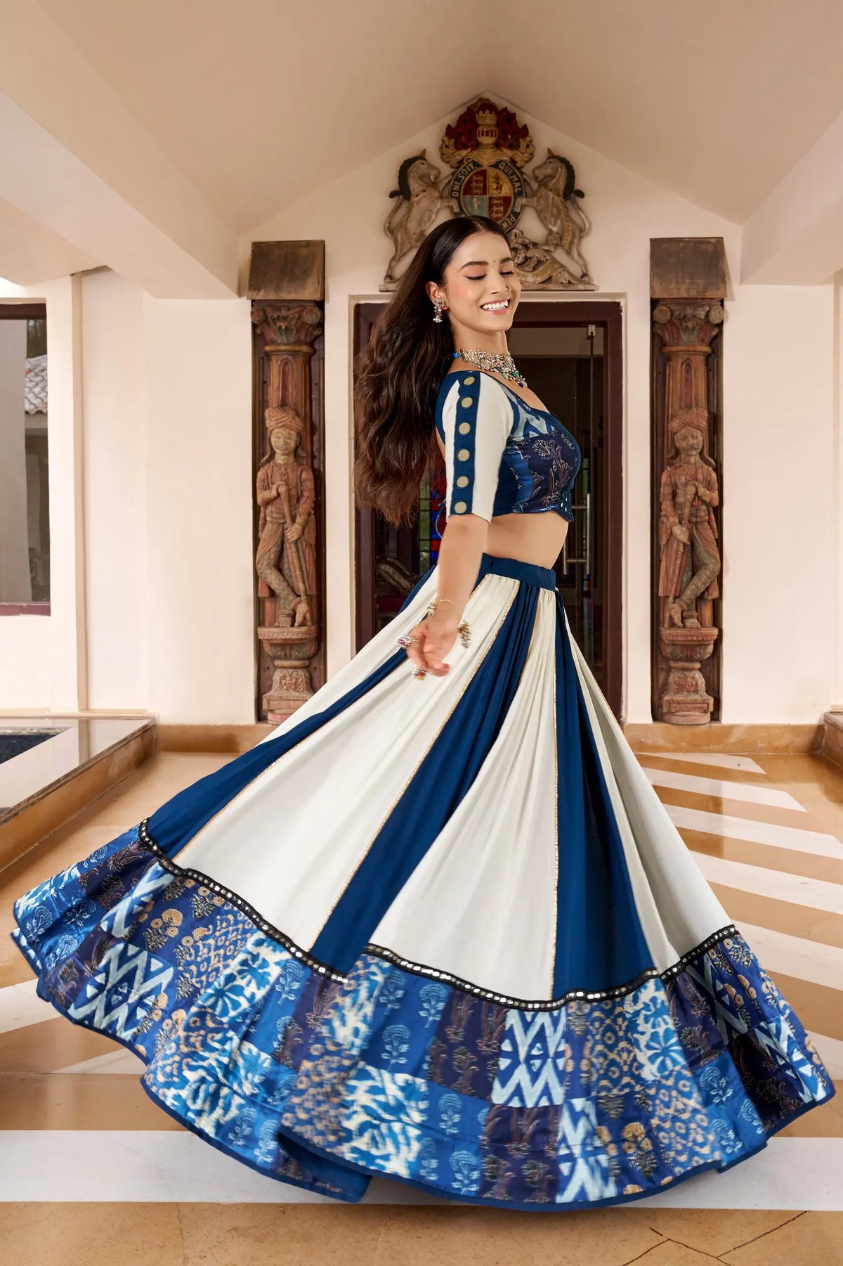 Blue Rayon Navratri Lehenga Choli With Print & Mirror Work