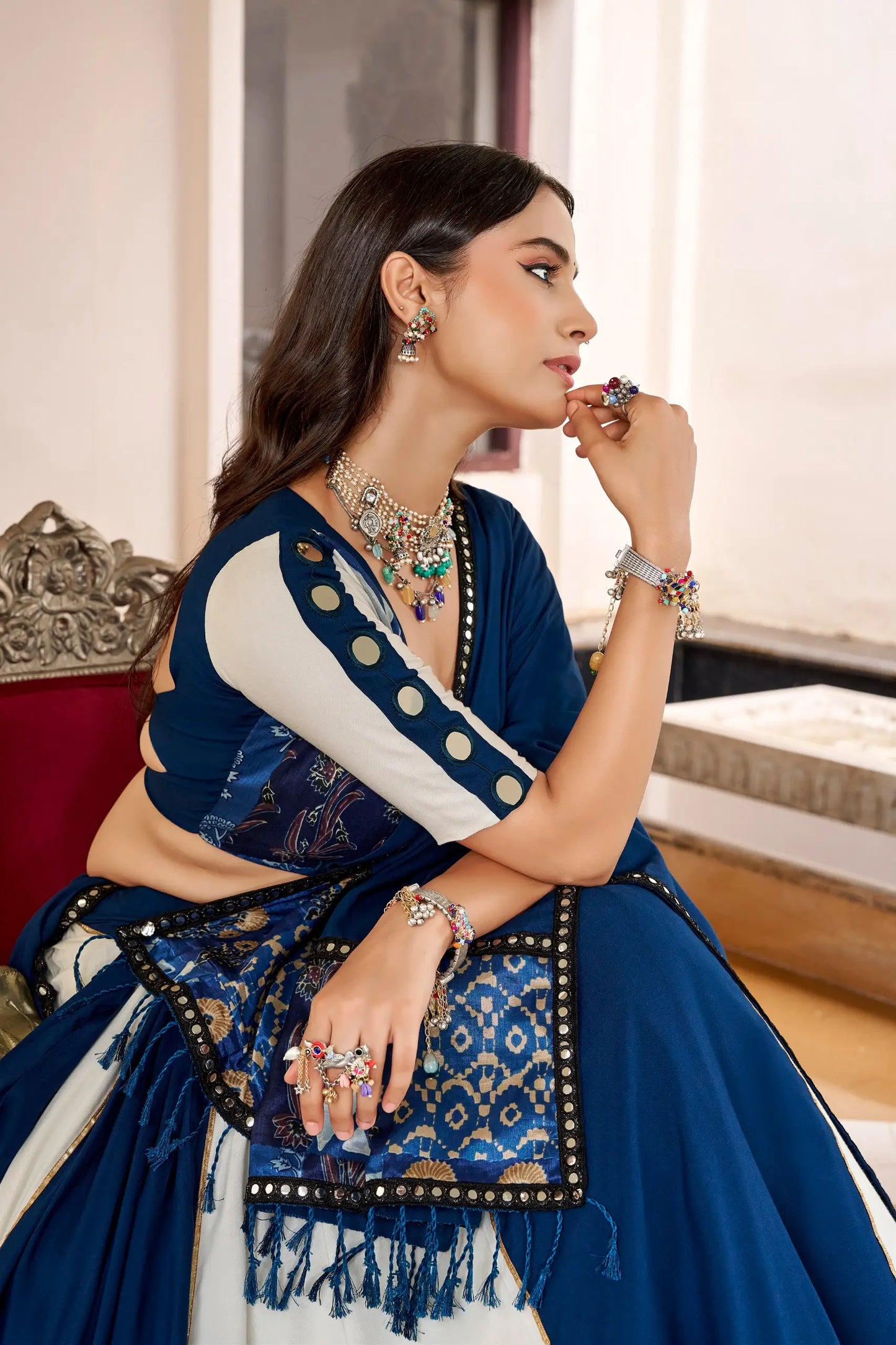 Blue Rayon Navratri Lehenga Choli With Print & Mirror Work