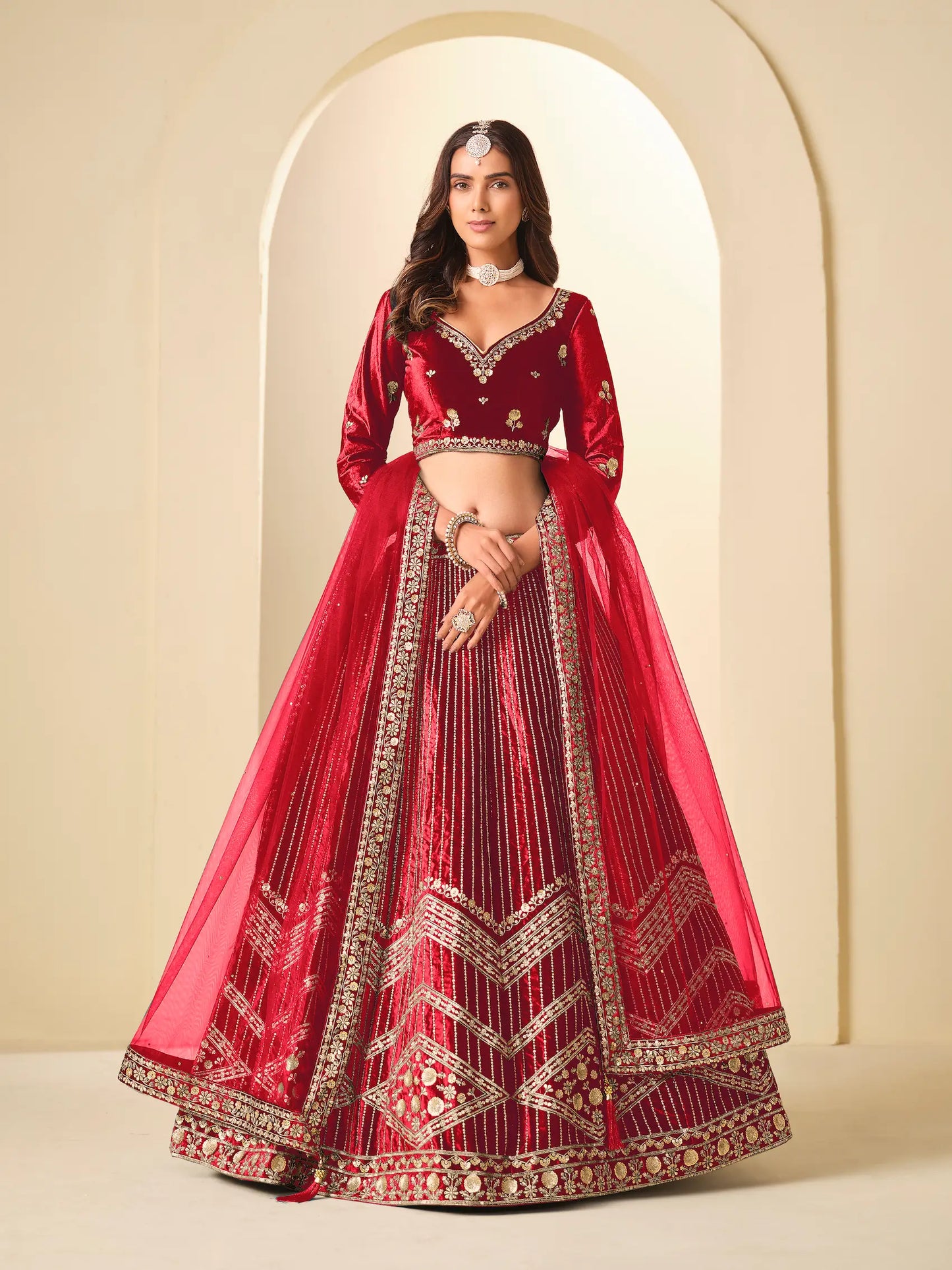 Chili Red Velvet Lehenga Choli With Embroidery