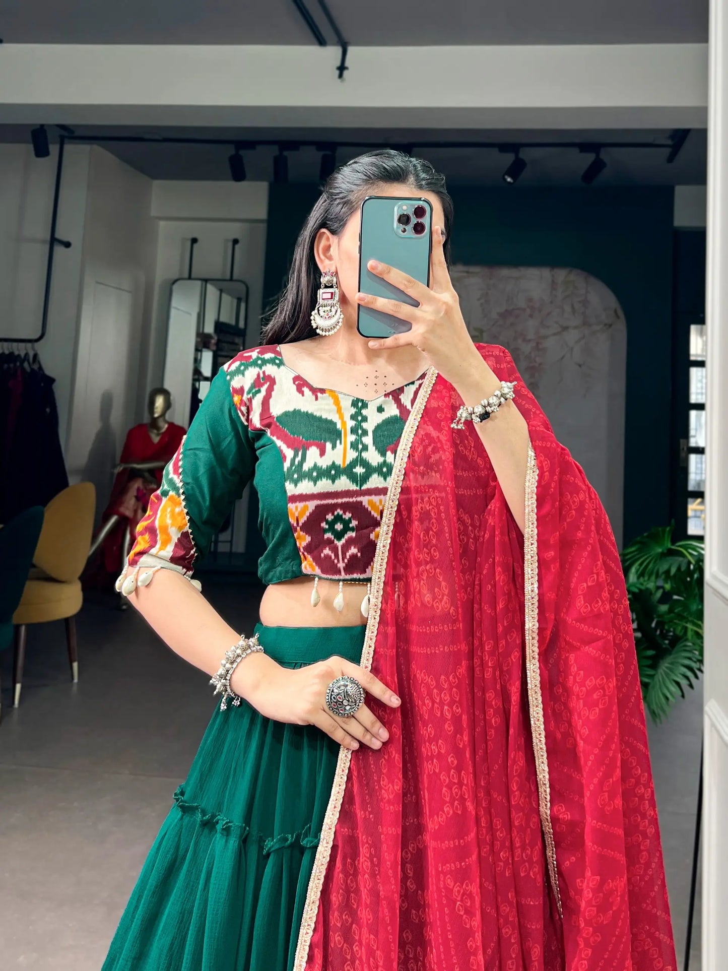 Dark Green Navratri Lehenga Choli With Lace Touch Up