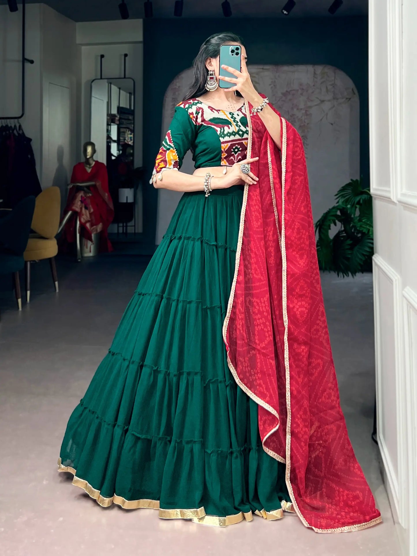 Dark Green Navratri Lehenga Choli With Lace Touch Up