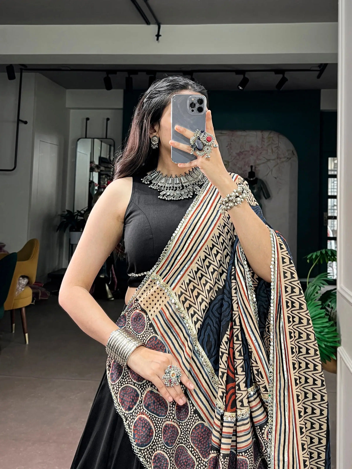 Black Garba Chaniya Choli With Printed Dupatta