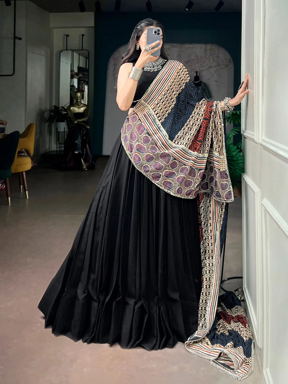 Black Garba Chaniya Choli With Printed Dupatta