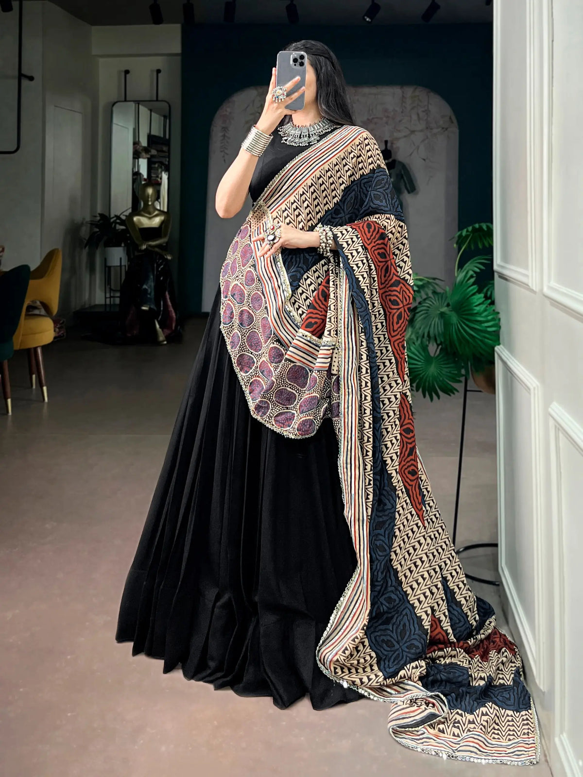 Black Garba Chaniya Choli With Printed Dupatta