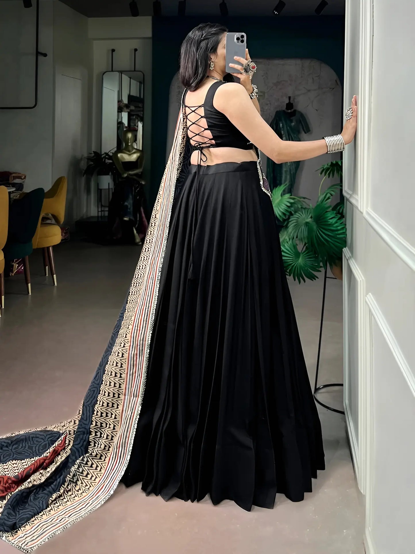 Black Garba Chaniya Choli With Printed Dupatta