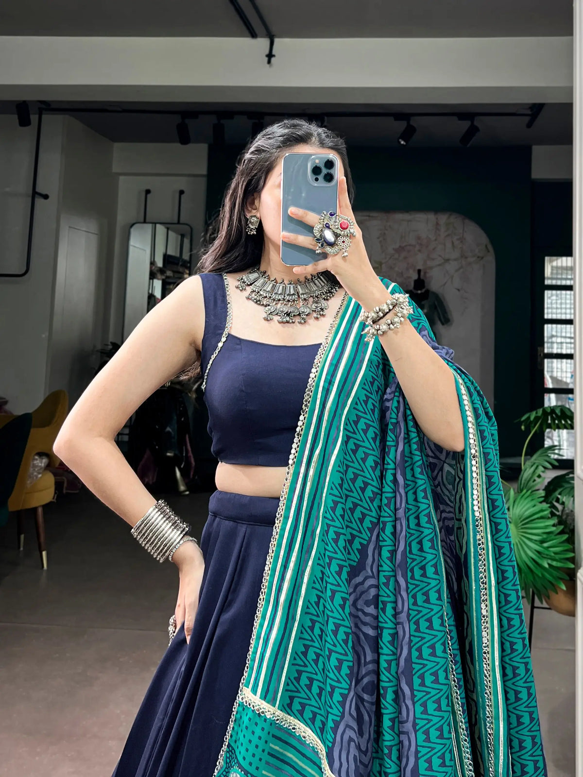 Navy Blue Garba Chaniya Choli With Printed Dupatta