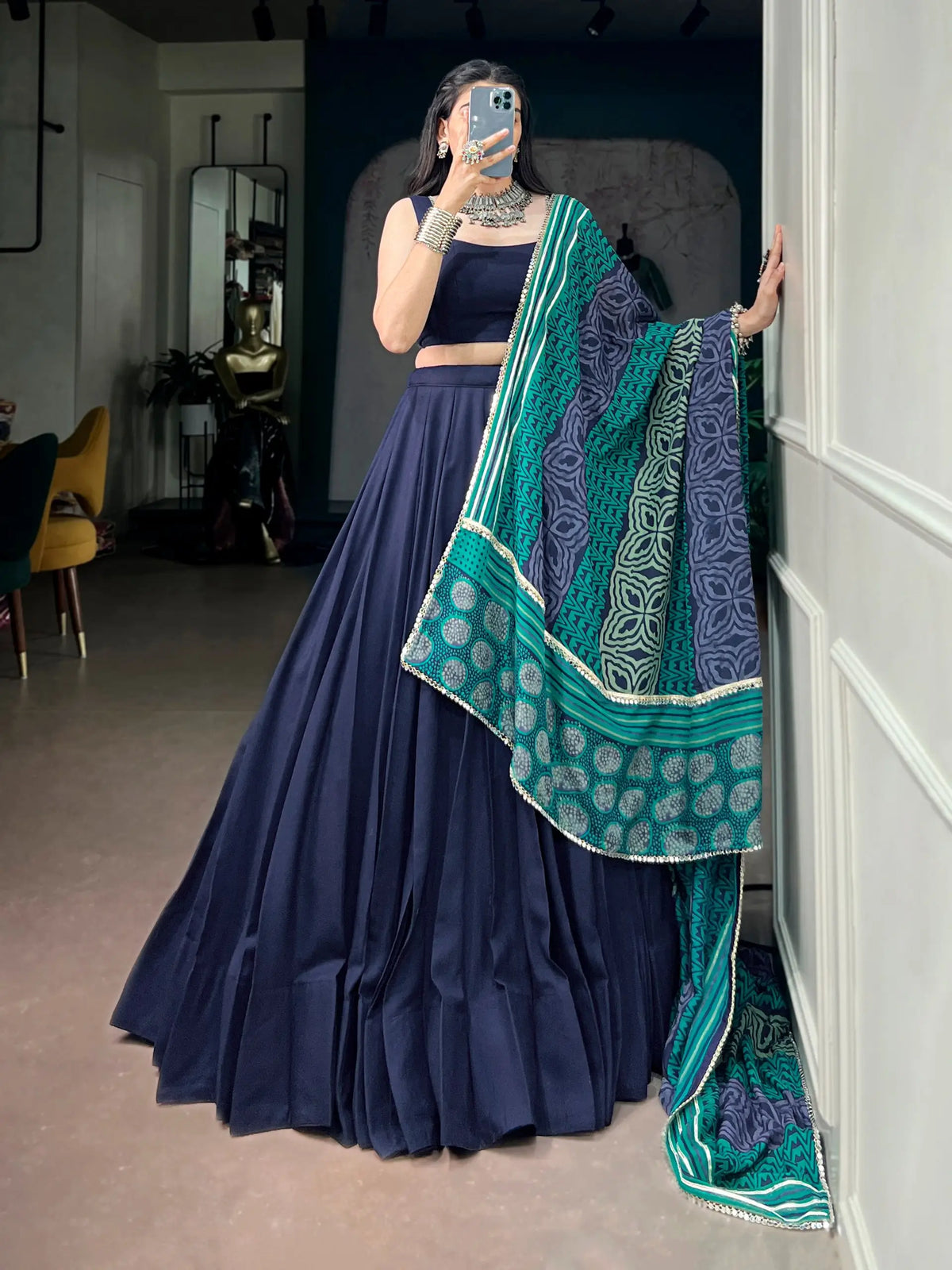 Navy Blue Garba Chaniya Choli With Printed Dupatta