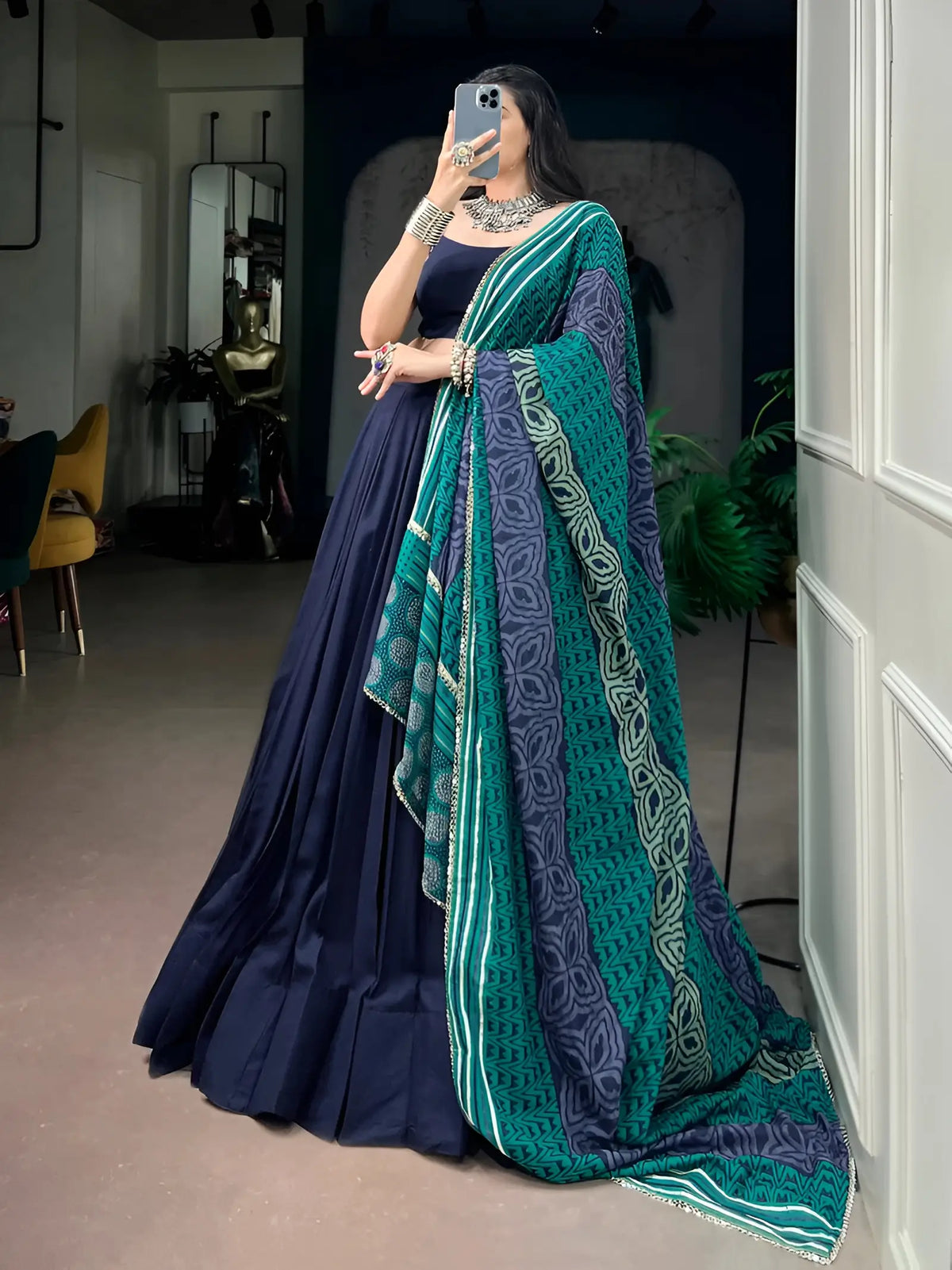 Navy Blue Garba Chaniya Choli With Printed Dupatta