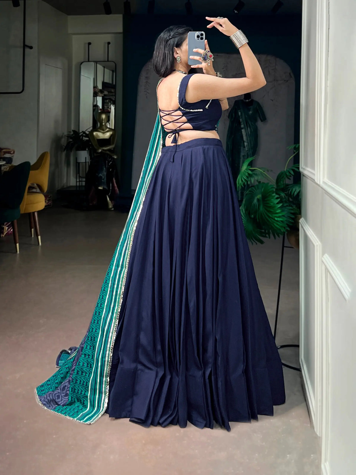 Navy Blue Garba Chaniya Choli With Printed Dupatta
