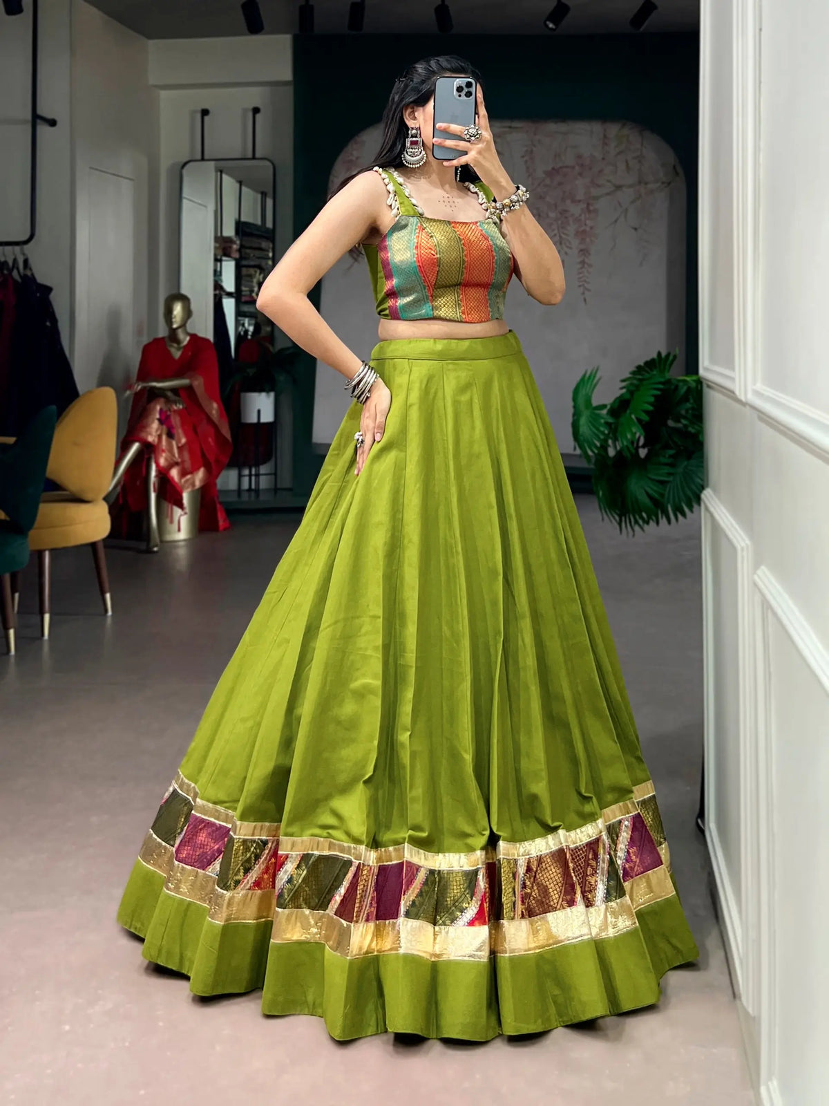 Parrot Green Cotton Navratri Chaniya Choli