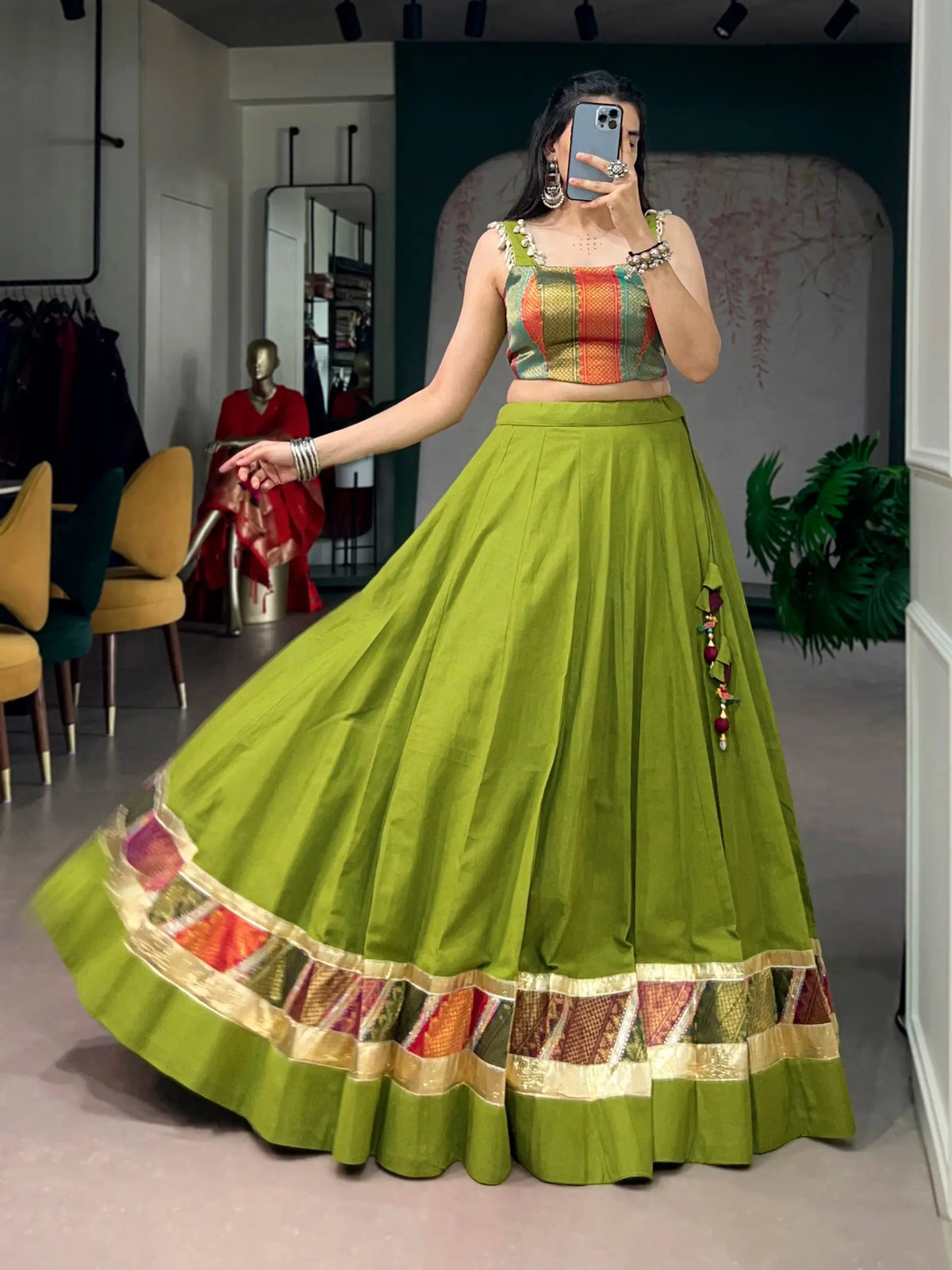 Parrot Green Cotton Navratri Chaniya Choli