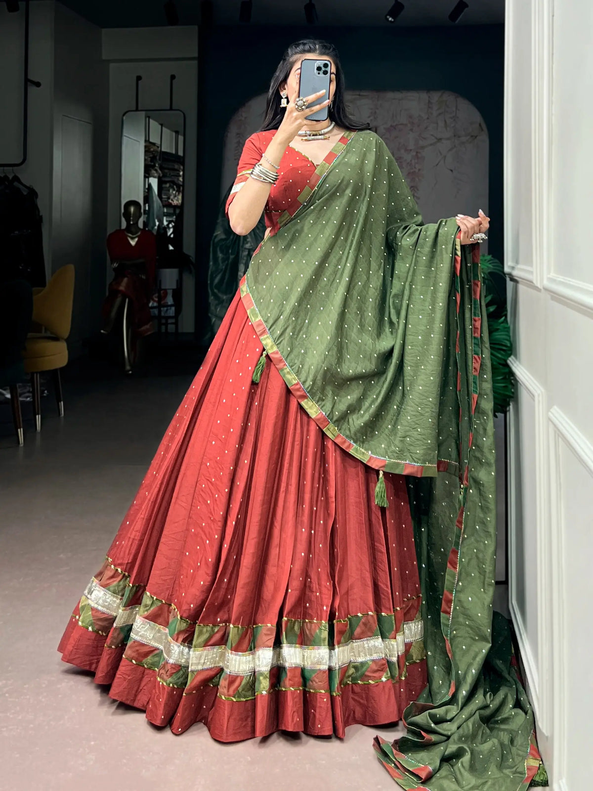 Rust Navratri Lehenga Choli With Lace Touch Up