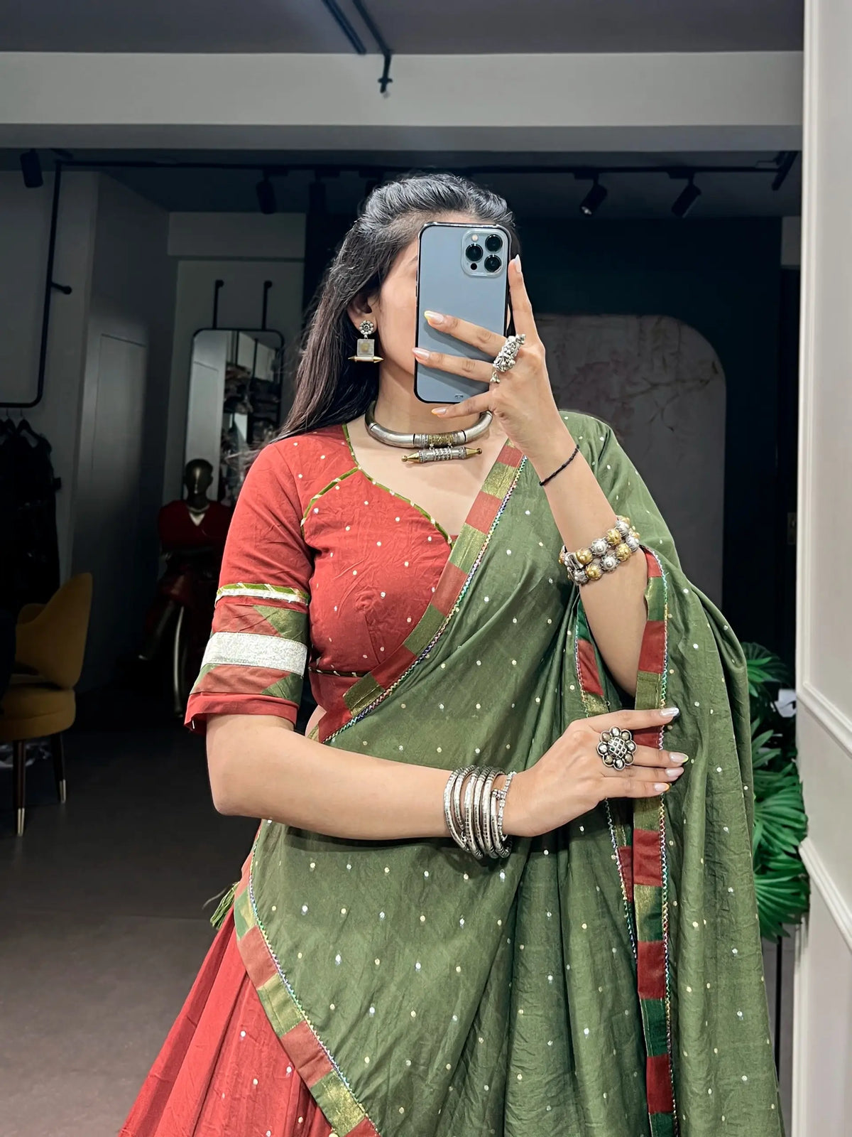 Rust Navratri Lehenga Choli With Lace Touch Up