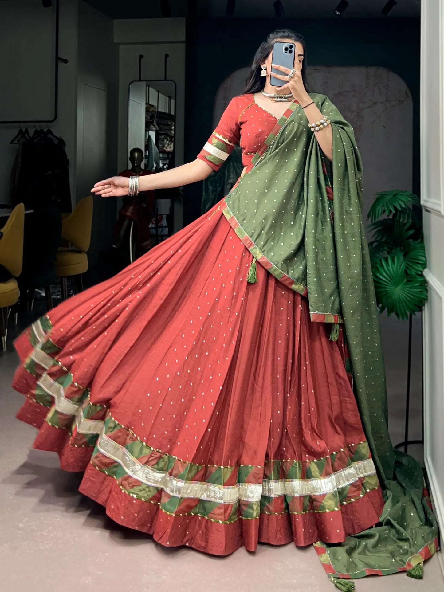 Rust Navratri Lehenga Choli With Lace Touch Up