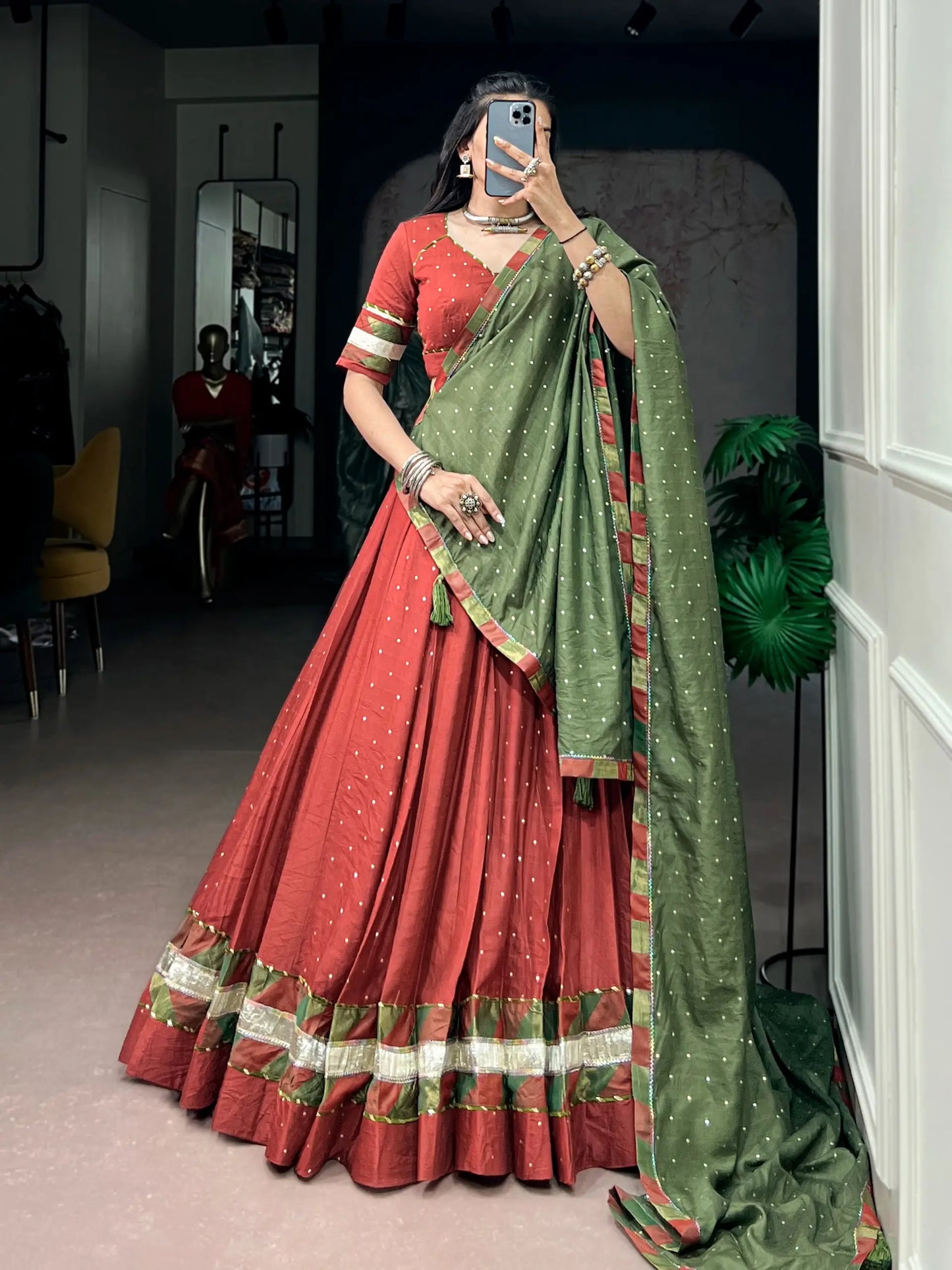 Rust Navratri Lehenga Choli With Lace Touch Up