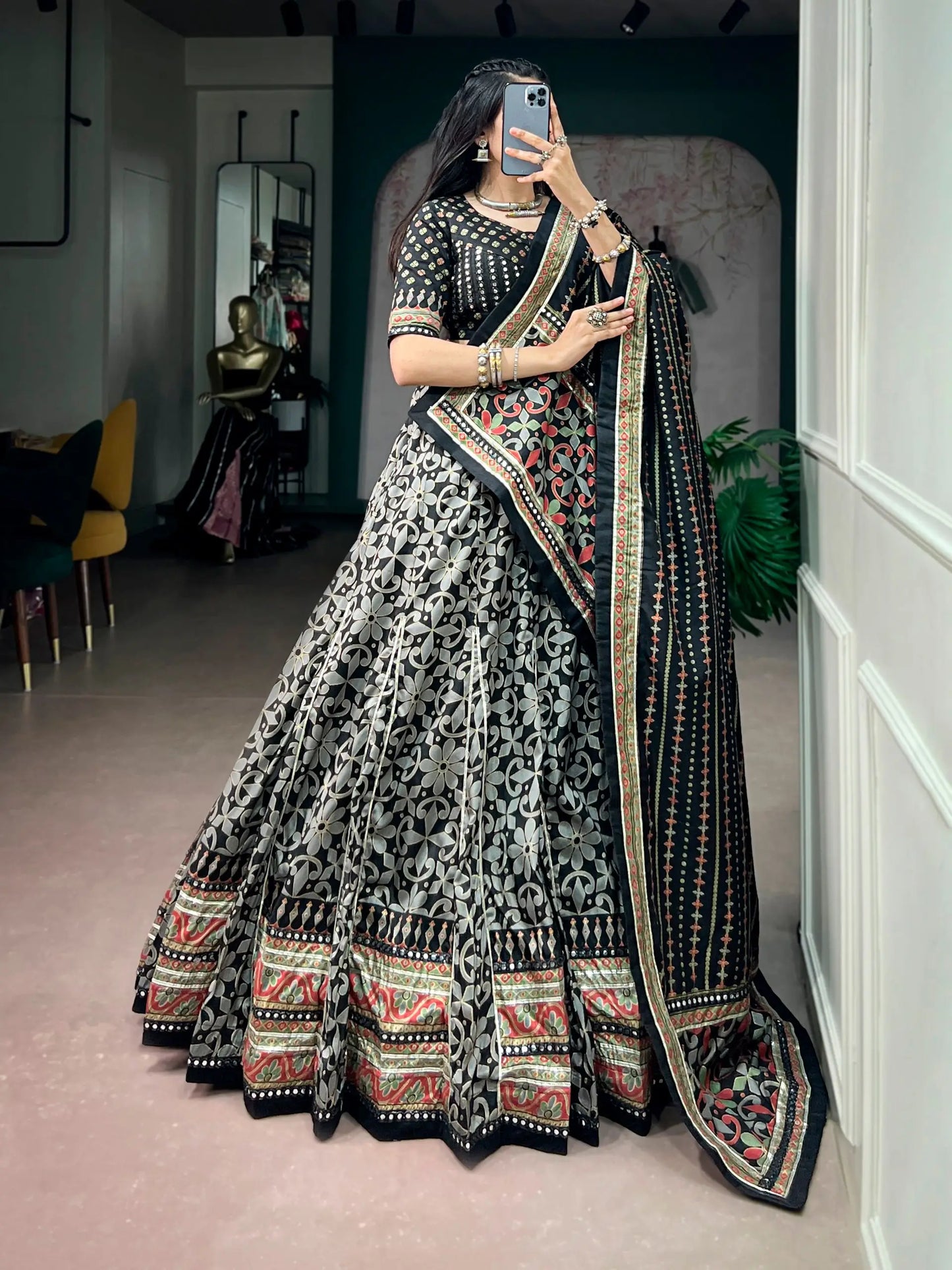 Black Tasar Silk Navratri Chaniya Choli