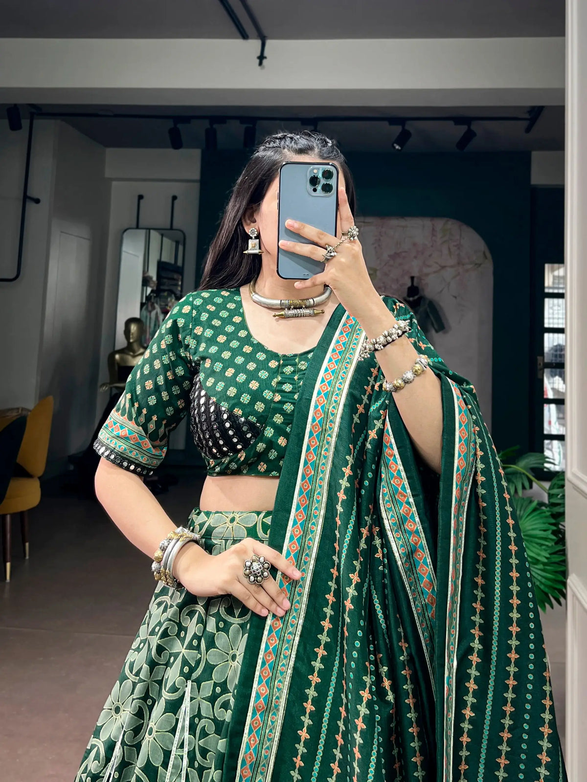 Green Tasar Silk Navratri Chaniya Choli