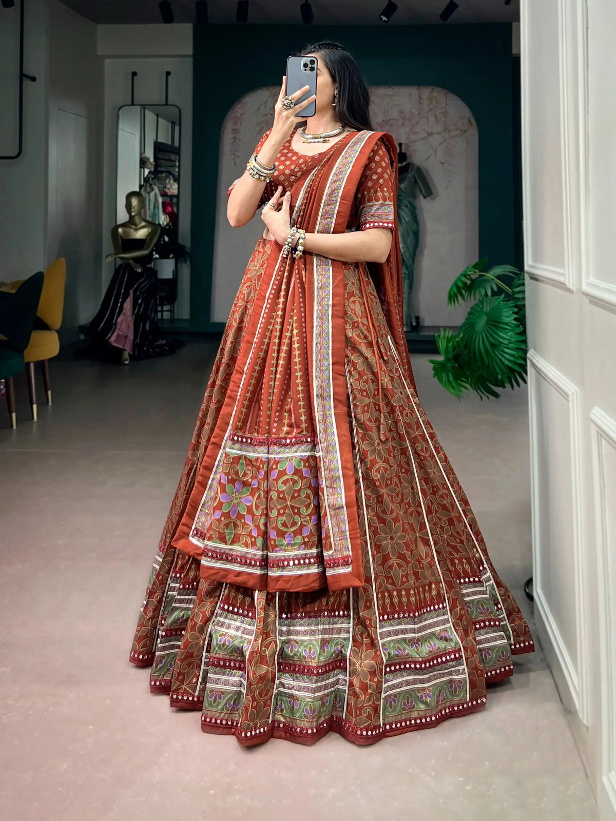 Rust Orange Tasar Silk Navratri Chaniya Choli