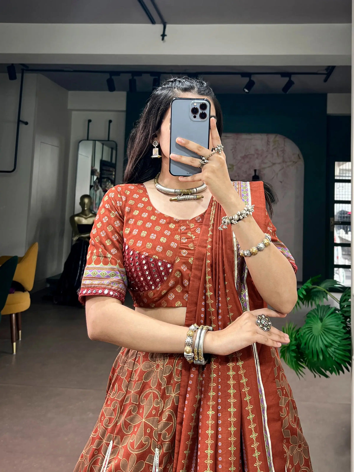Rust Orange Tasar Silk Navratri Chaniya Choli