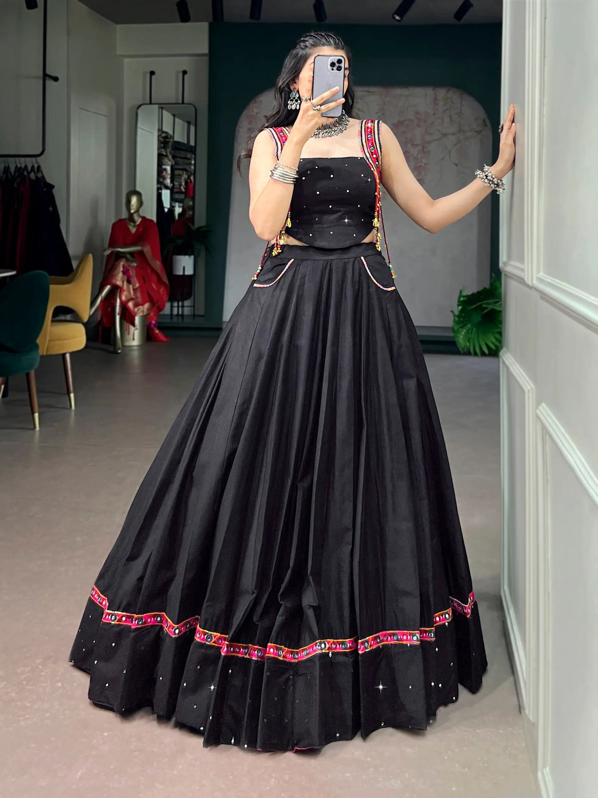 Black Cotton Mirror & Kutchi Work Chaniya Choli
