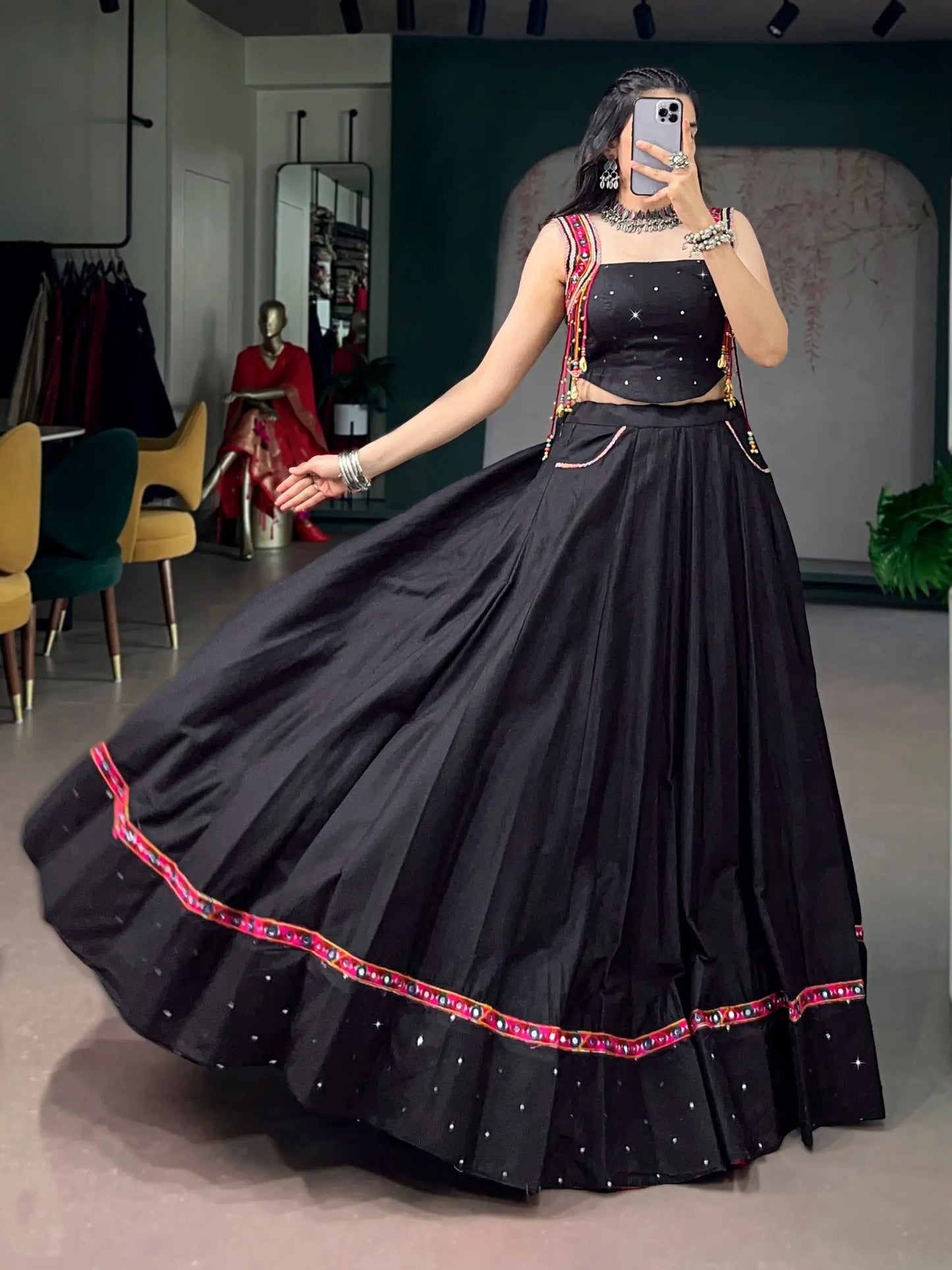 Black Cotton Mirror & Kutchi Work Chaniya Choli