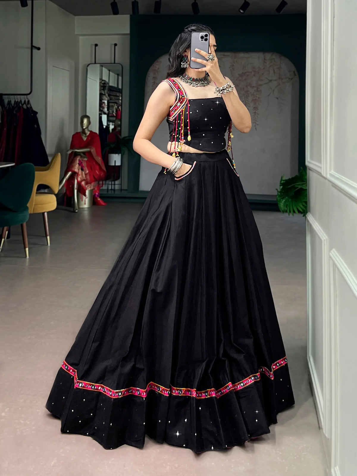 Black Cotton Mirror & Kutchi Work Chaniya Choli