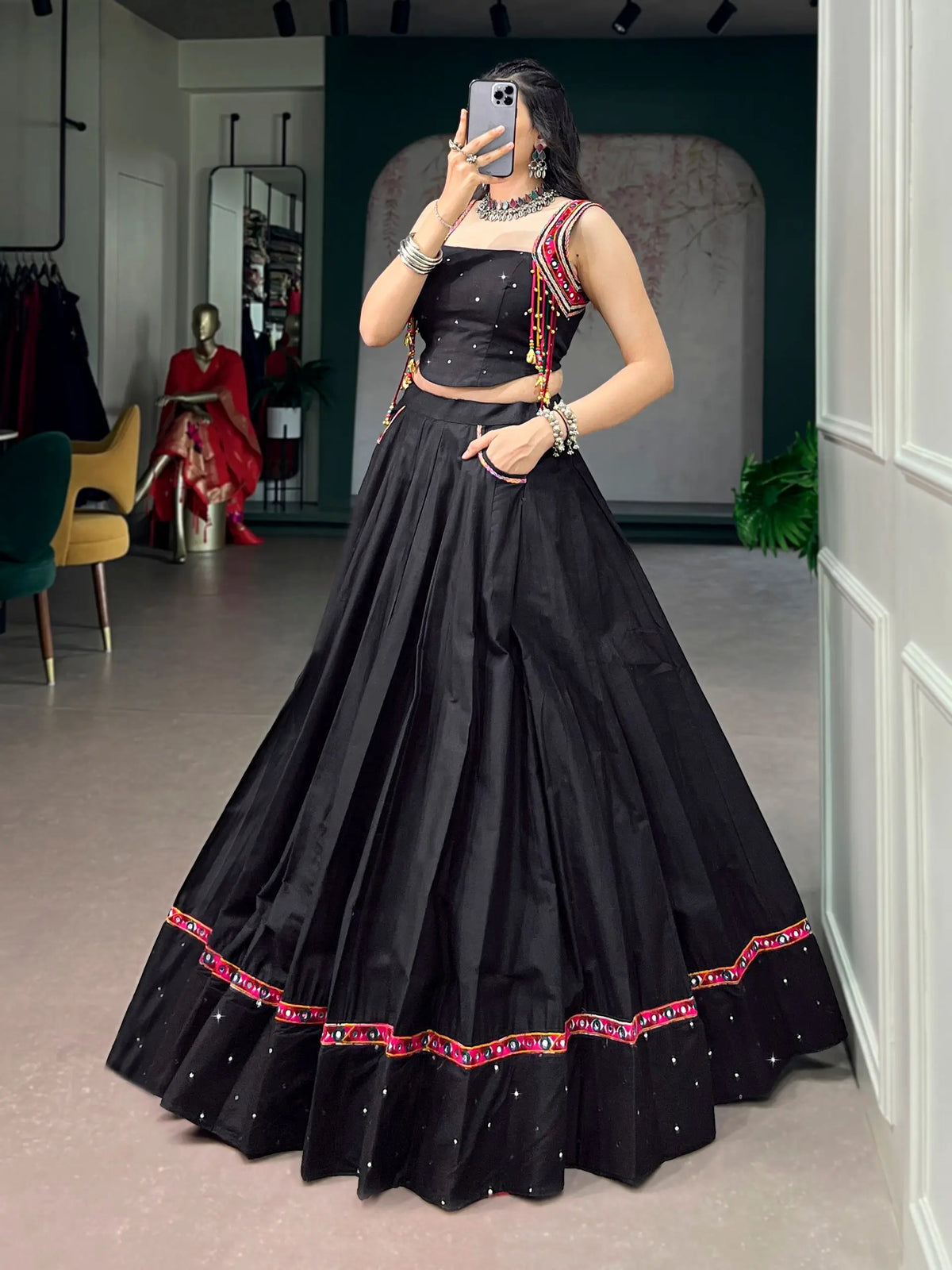 Black Cotton Mirror & Kutchi Work Chaniya Choli