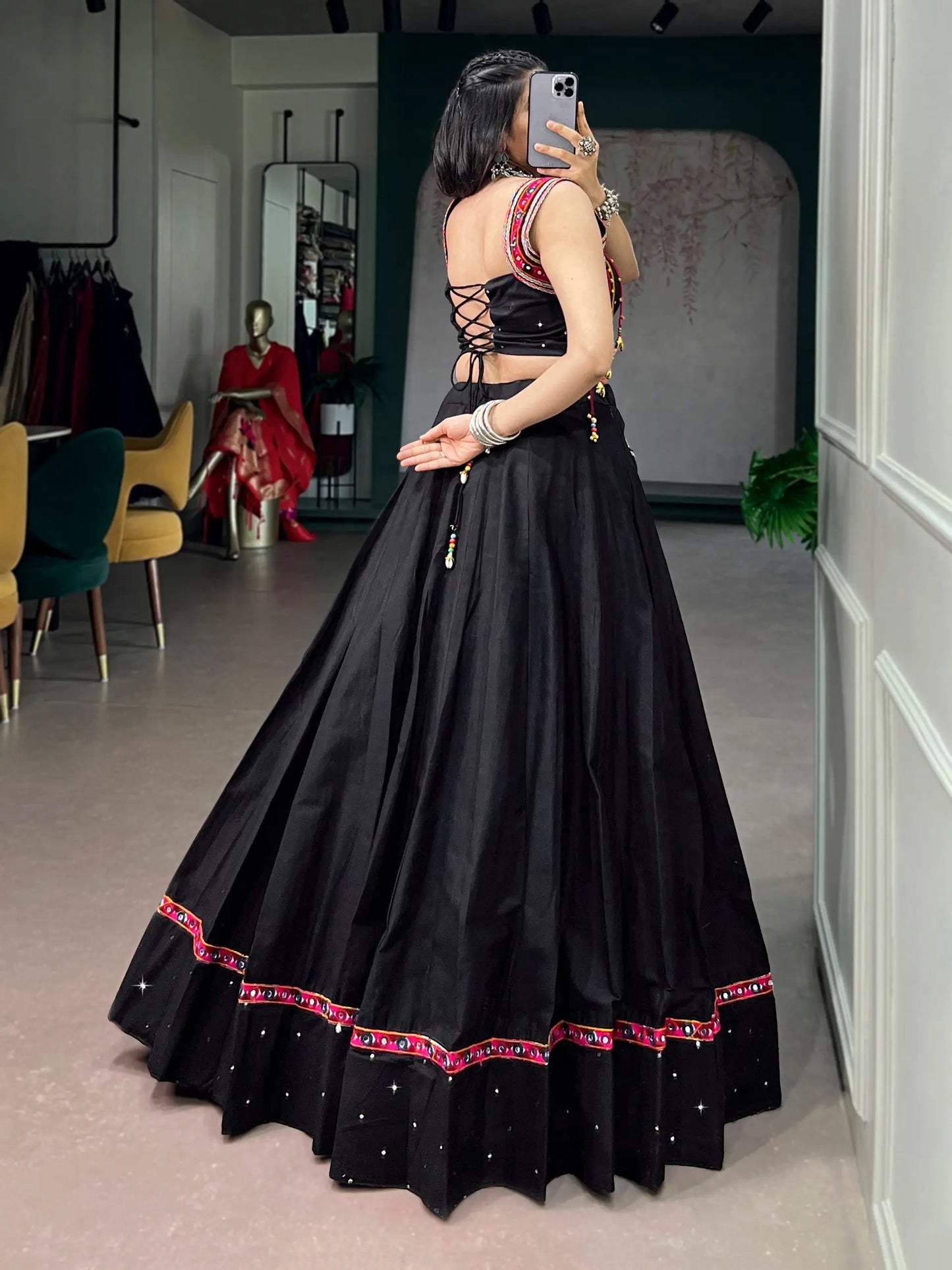 Black Cotton Mirror & Kutchi Work Chaniya Choli