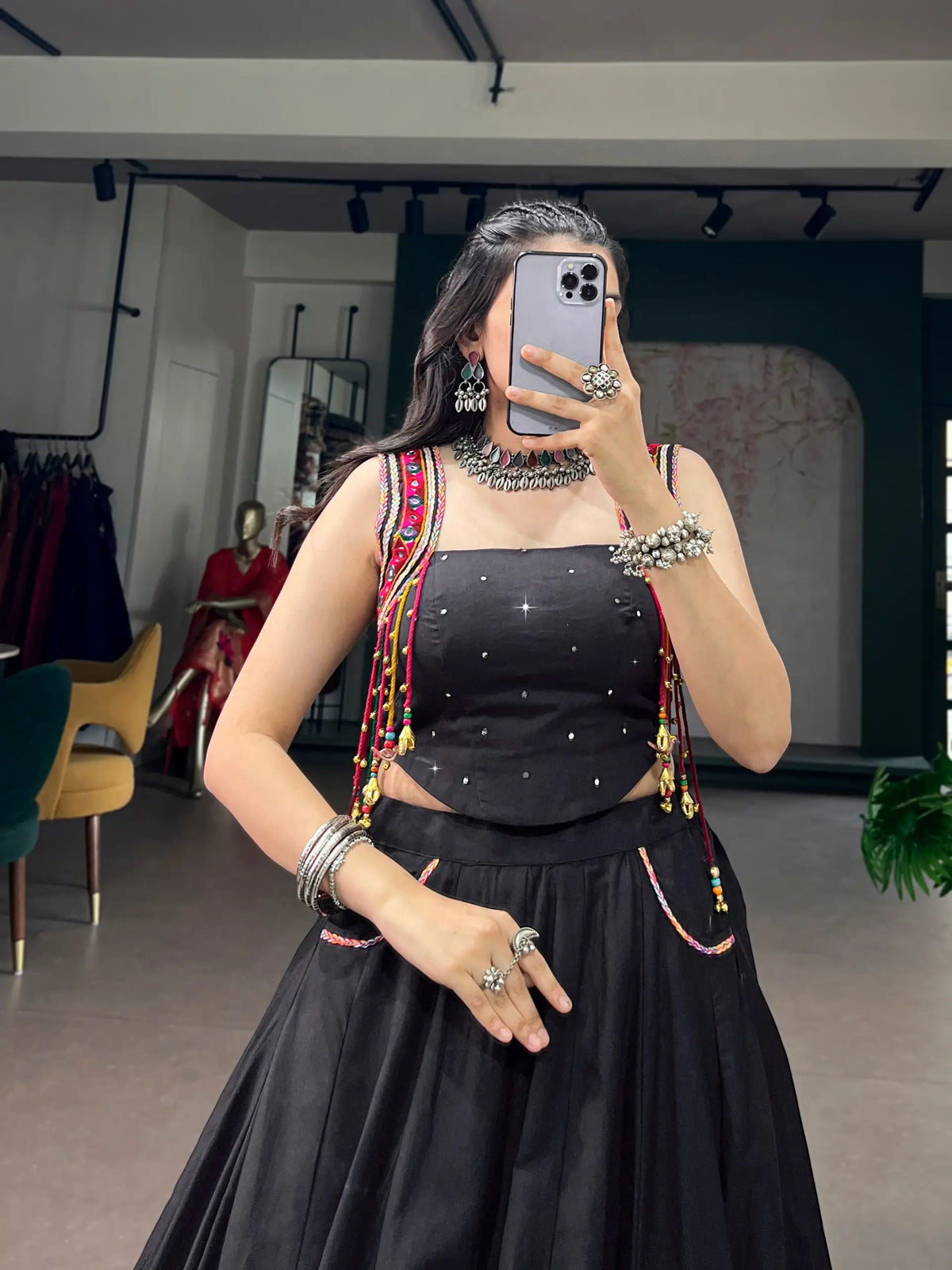 Black Cotton Mirror & Kutchi Work Chaniya Choli