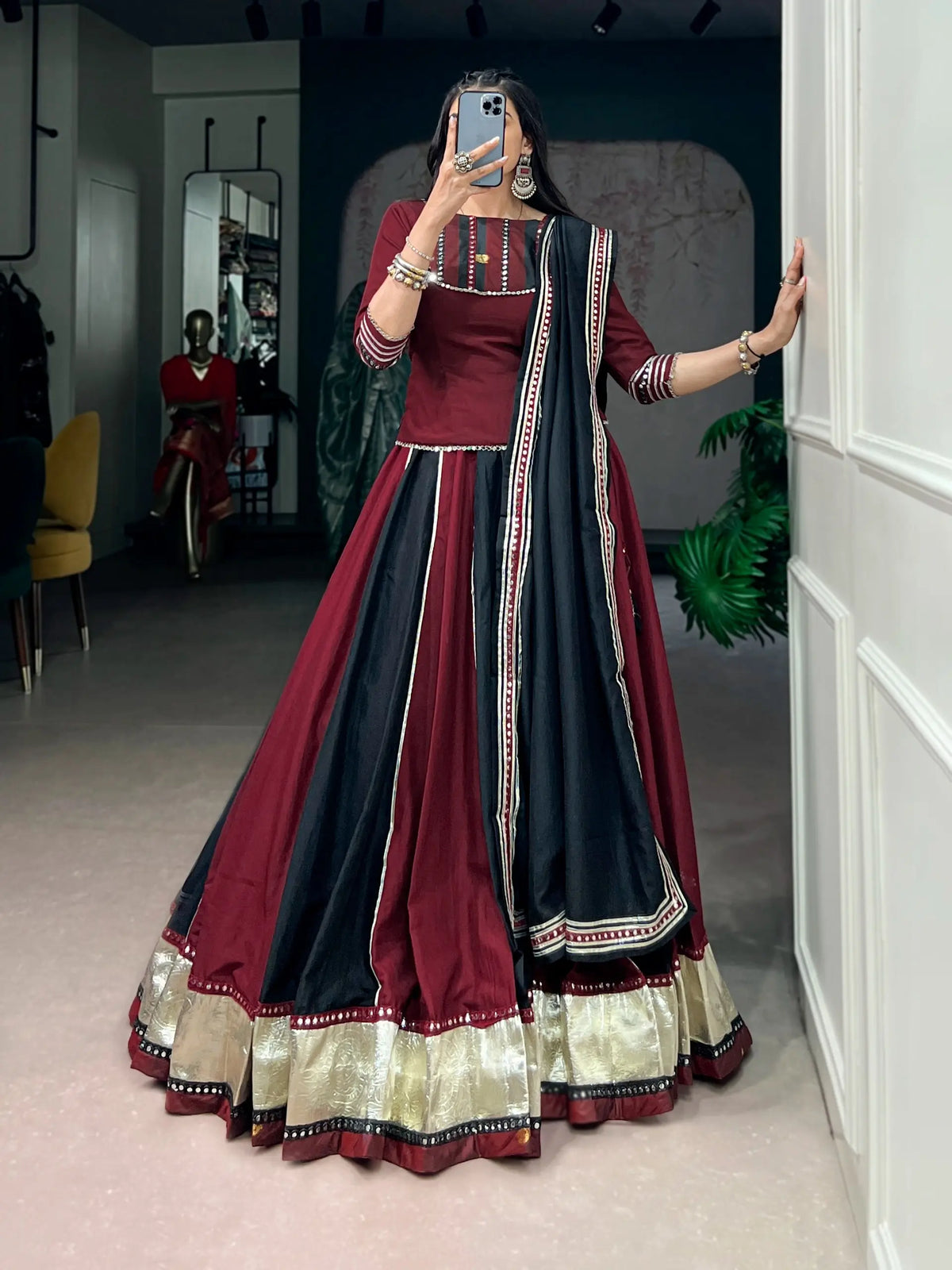 Maroon-Black Mirror Work Navratri Chaniya choli