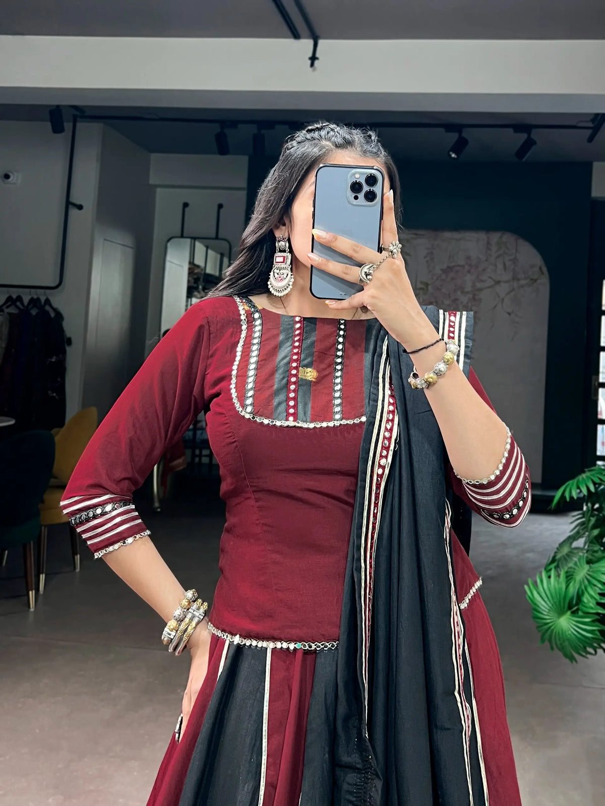 Maroon-Black Mirror Work Navratri Chaniya choli