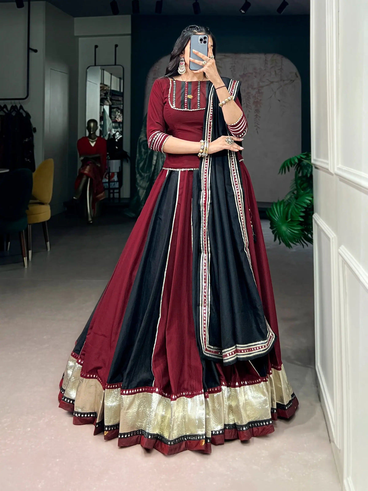 Maroon-Black Mirror Work Navratri Chaniya choli