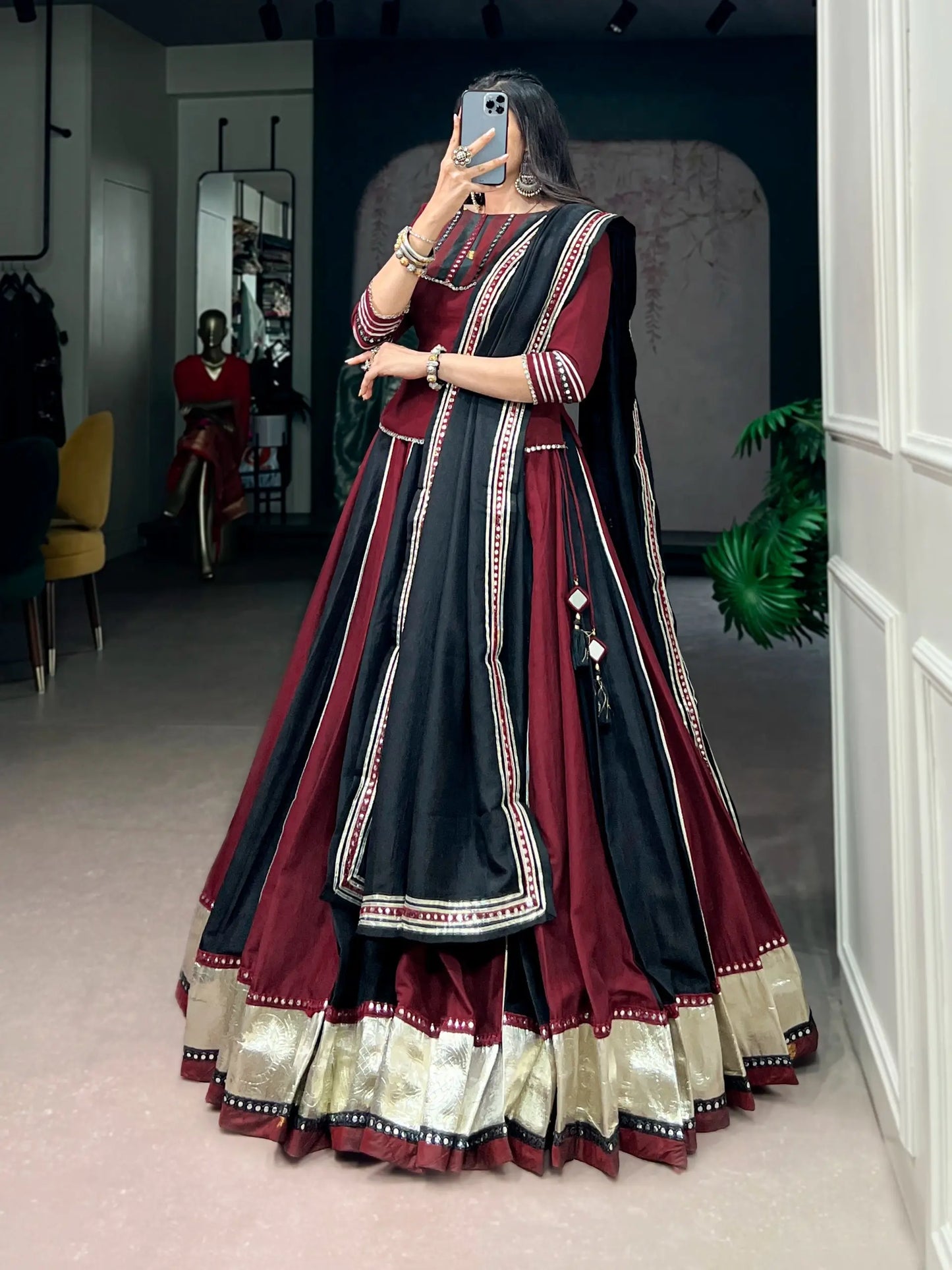 Maroon-Black Mirror Work Navratri Chaniya choli