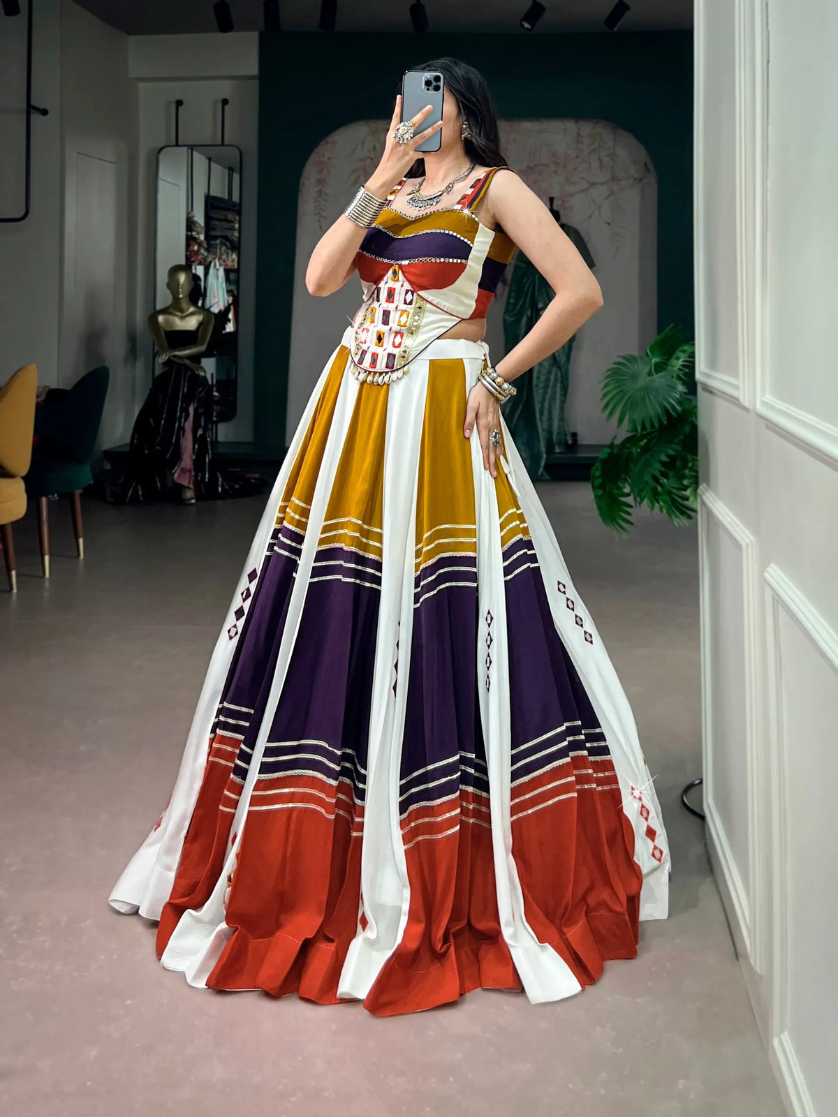 Multicolor Chaniya Choli With Mirror & Lace Touch Up