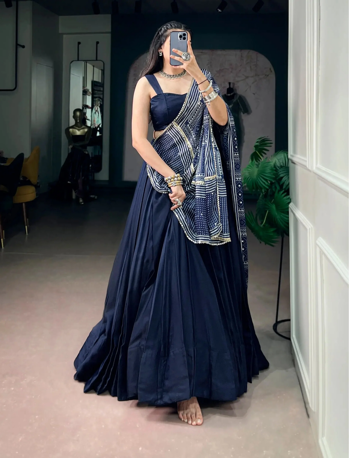 Navy Blue Navratri Chaniya Choli With Printed Dupatta