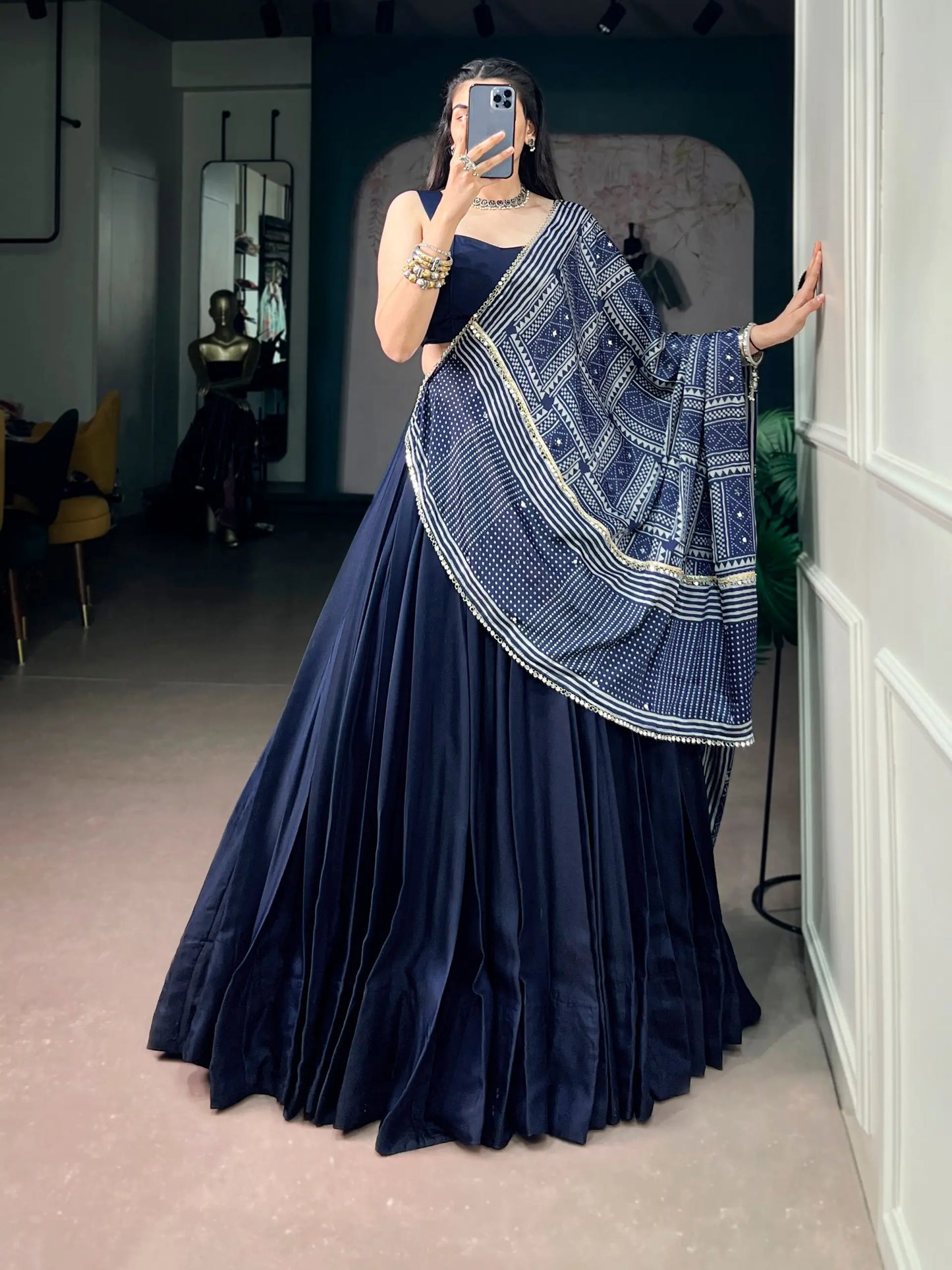 Navy Blue Navratri Chaniya Choli With Printed Dupatta