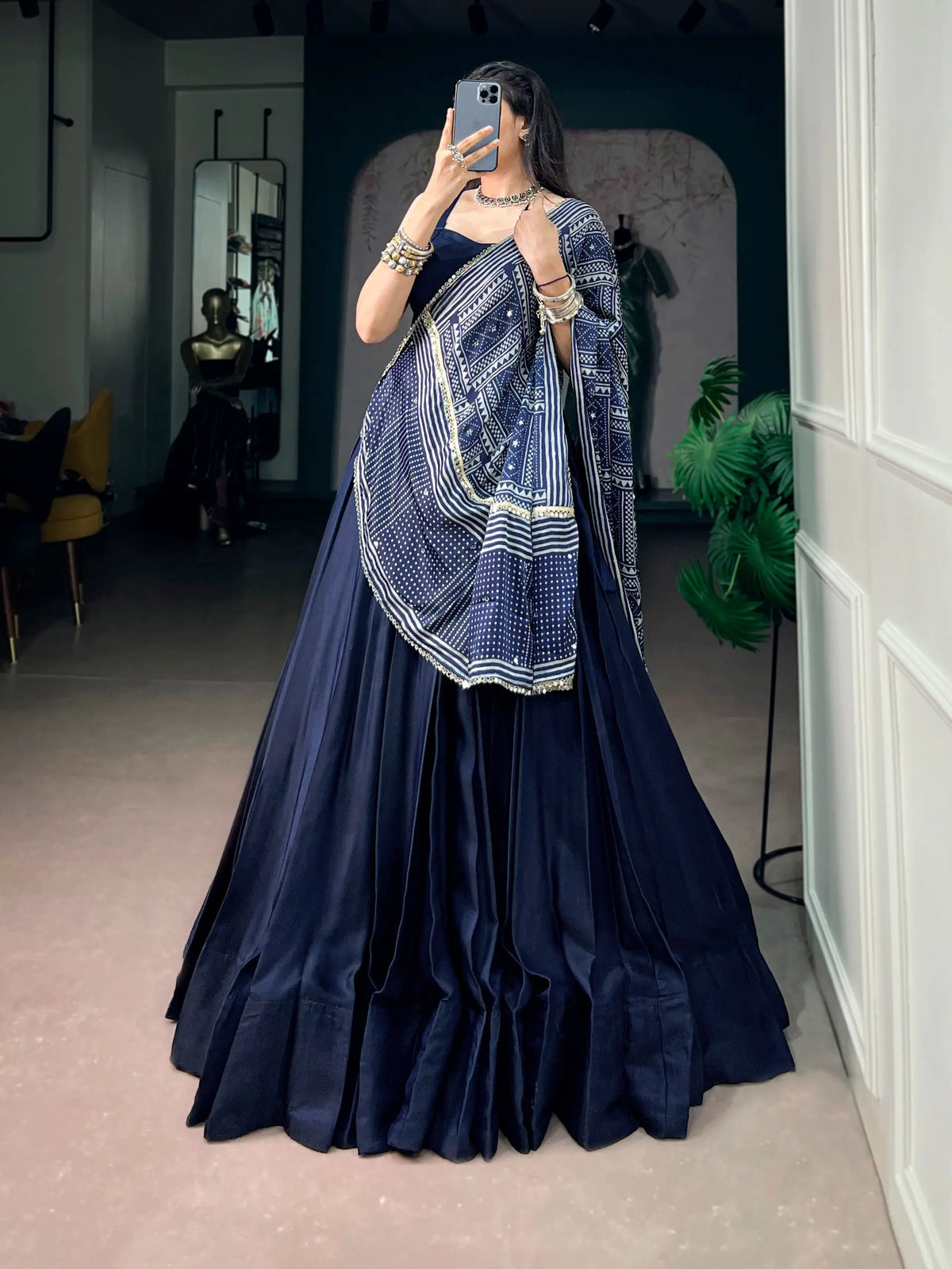 Navy Blue Navratri Chaniya Choli With Printed Dupatta
