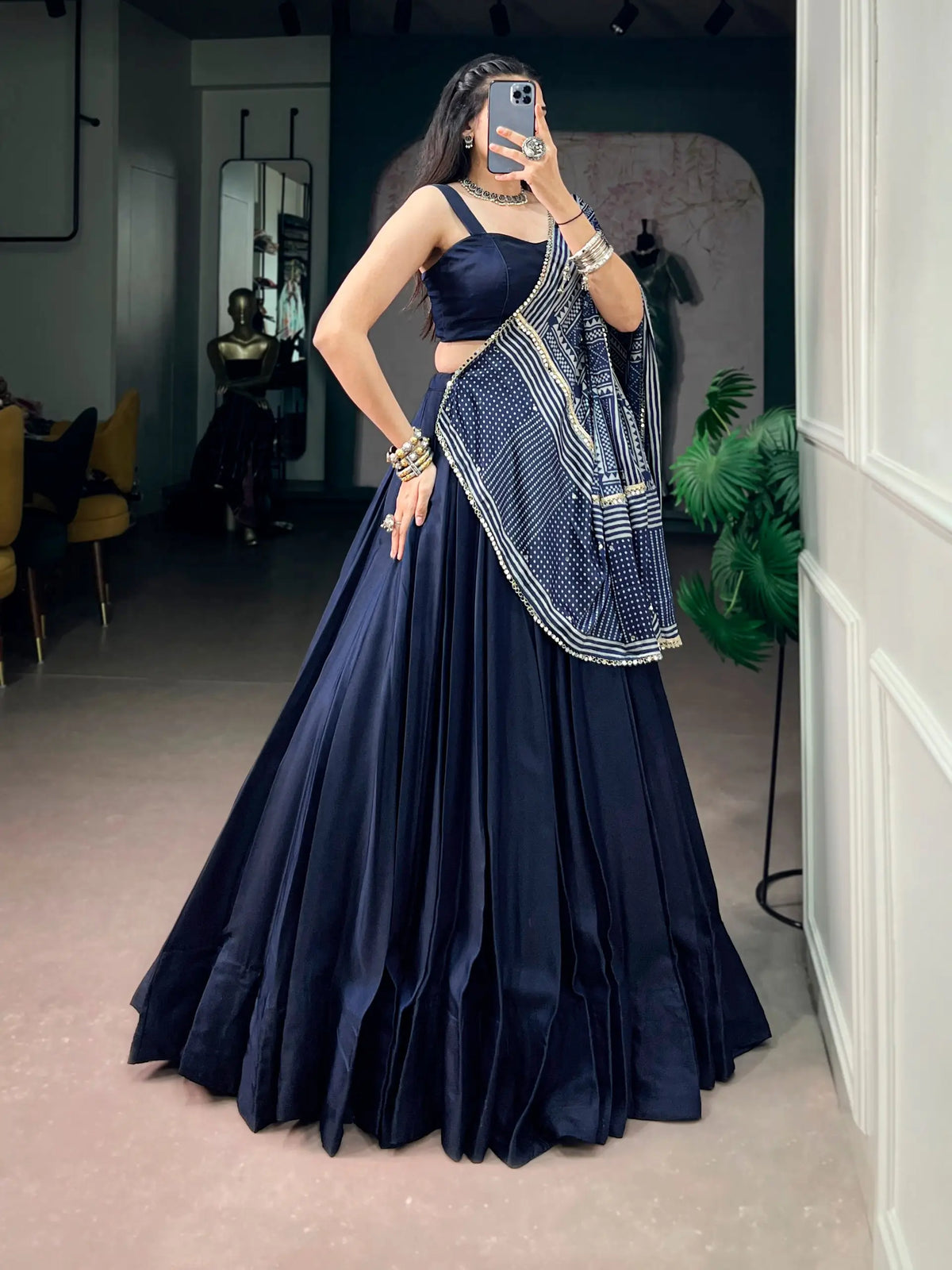 Navy Blue Navratri Chaniya Choli With Printed Dupatta