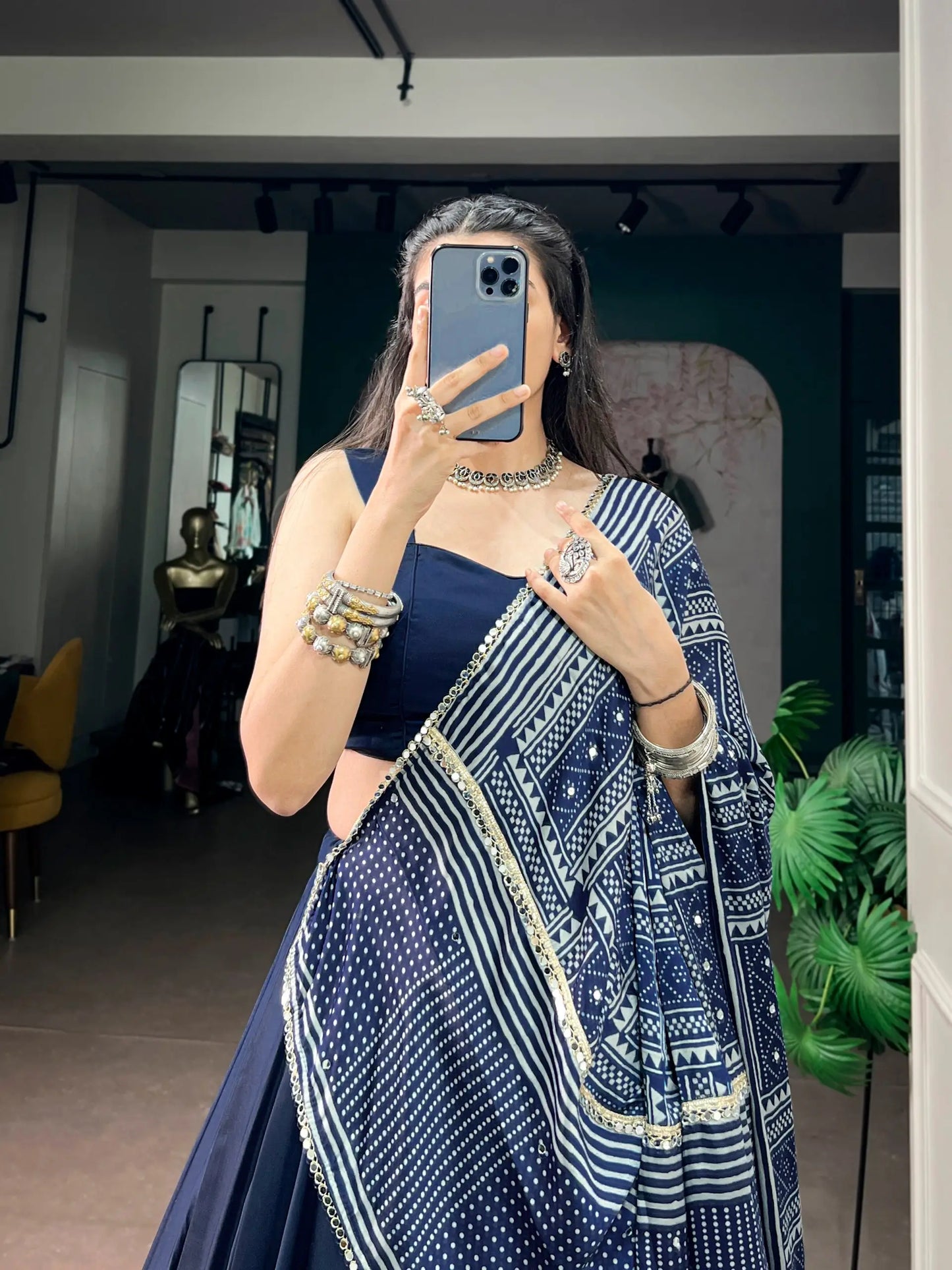 Navy Blue Navratri Chaniya Choli With Printed Dupatta