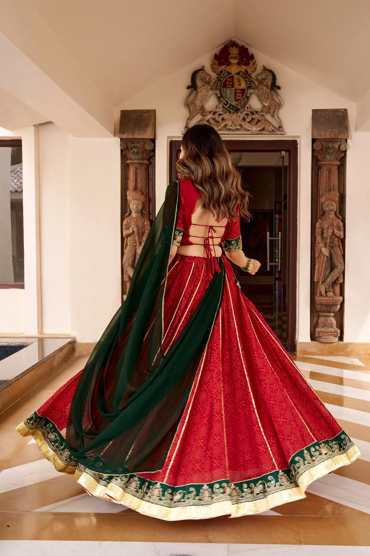 Red Navratri Lehenga With Print & Lace Touch Up