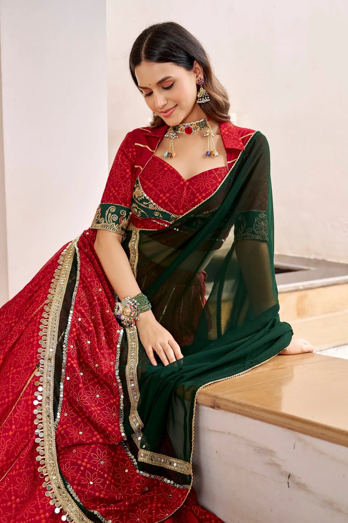 Red Navratri Lehenga With Print & Lace Touch Up