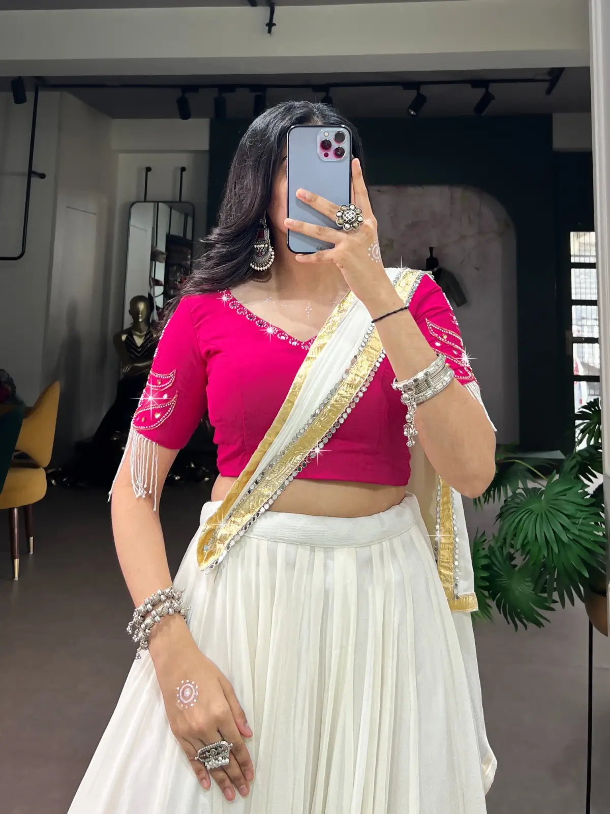 White Mirror & Pearl Work Navratri Lehenga Choli