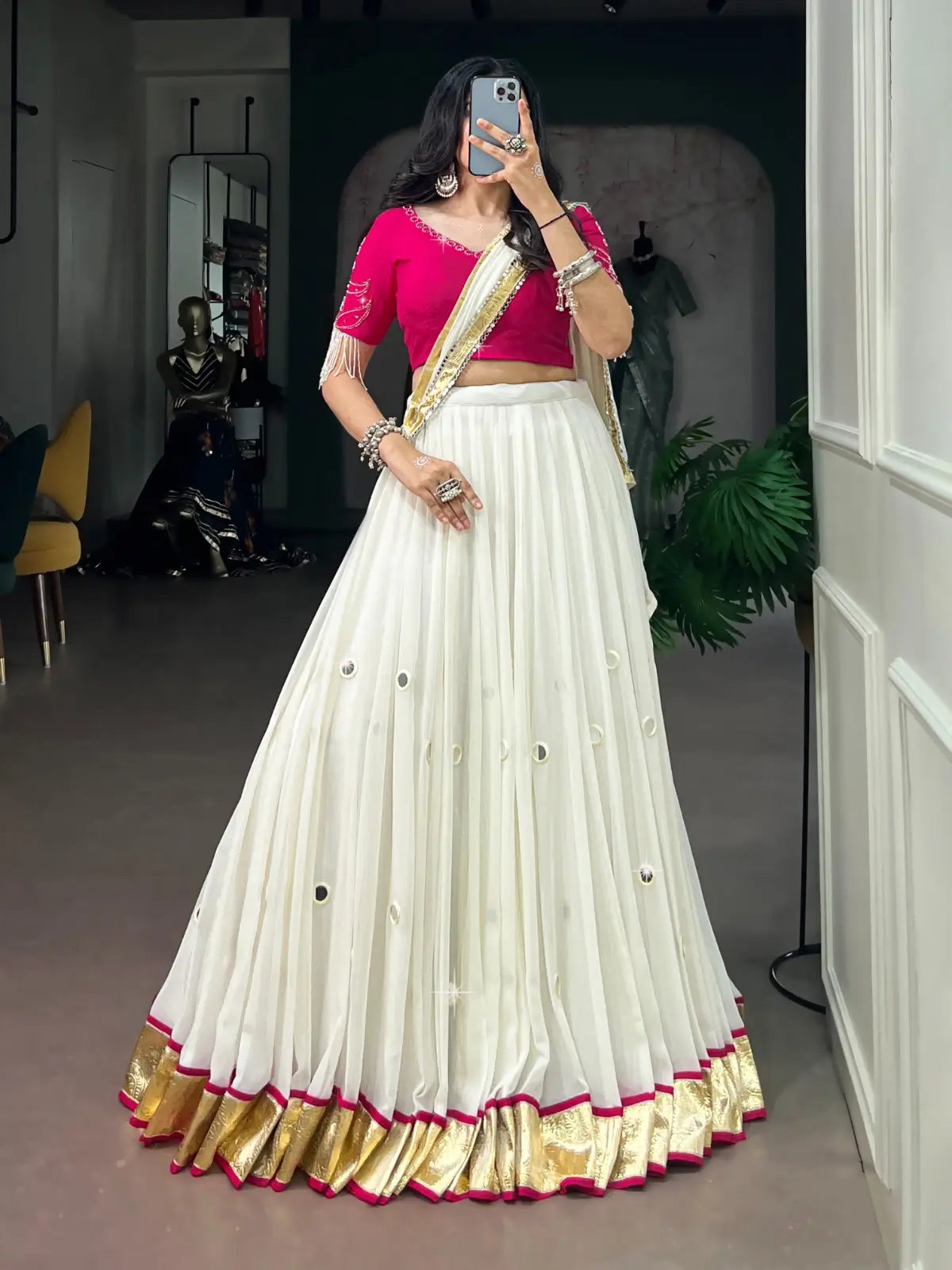 White Mirror & Pearl Work Navratri Lehenga Choli